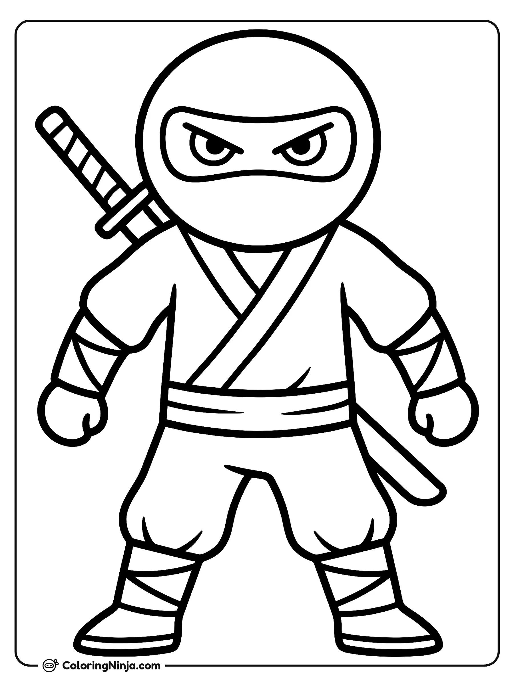 Ninja Sigiloso Listo para la Acción, dibujo para colorear: Un ninja sigiloso posa con determinación llevando su traje tradicional, capucha y vendajes en los brazos.