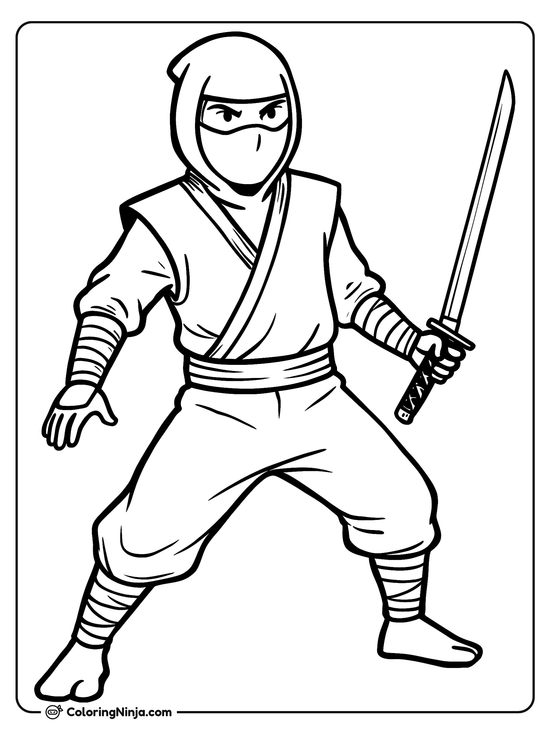 Un ninja concentrado con una espada: dibujo para colorear