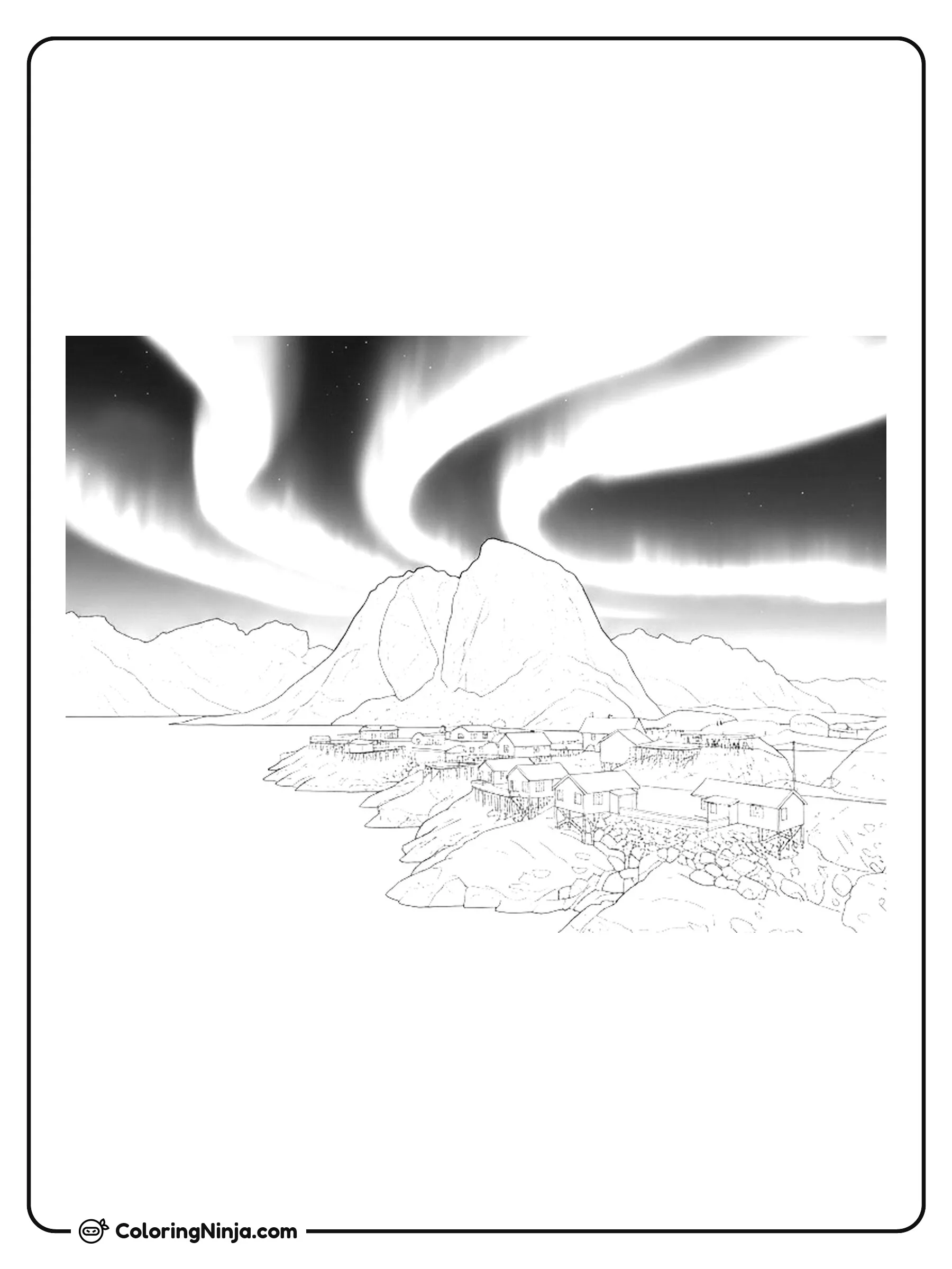 Northern Lights Over Hamnoy Coloring Page: This coloring page features the glowing Northern Lights dancing in the sky above the coastal fishing village of Hamnoy in Norway.