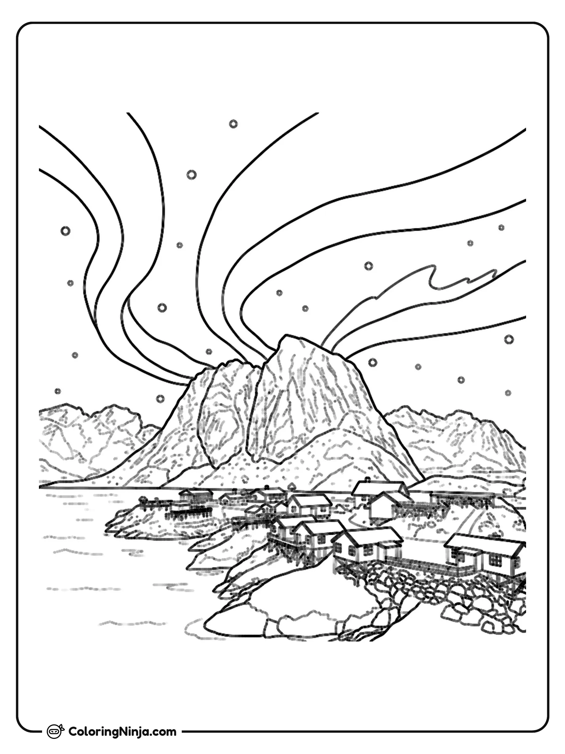 Northern Lights Over Lofoten Fishing Village Coloring Page: This page shows the Northern Lights glowing in the night sky above a traditional fishing village in Lofoten. Wooden houses sit along the snowy shore during the winter season.