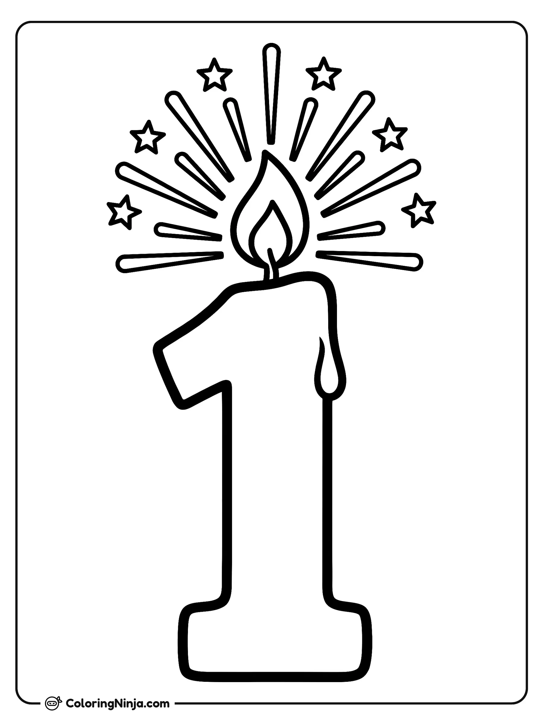 Vela brillante de cumpleaños número uno, dibujo para colorear: Una festiva vela de cumpleaños con la forma del número uno luce una gota de cera en el costado.