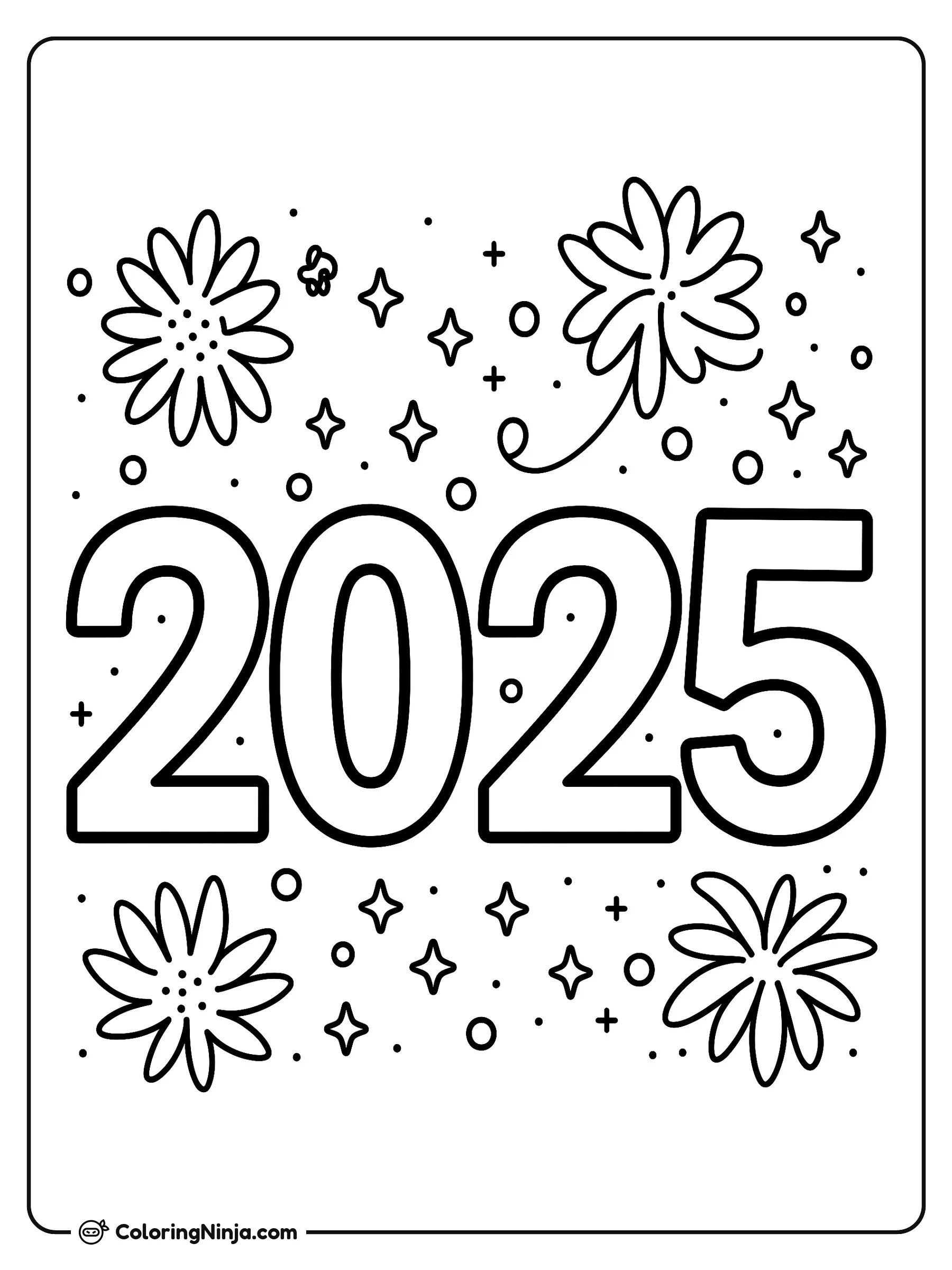 Año 2025 con flores y estrellas, dibujo para colorear: Los grandes números del año 2025 destacan en el centro, rodeados de hermosas flores, estrellas brillantes y pequeños detalles festivos.