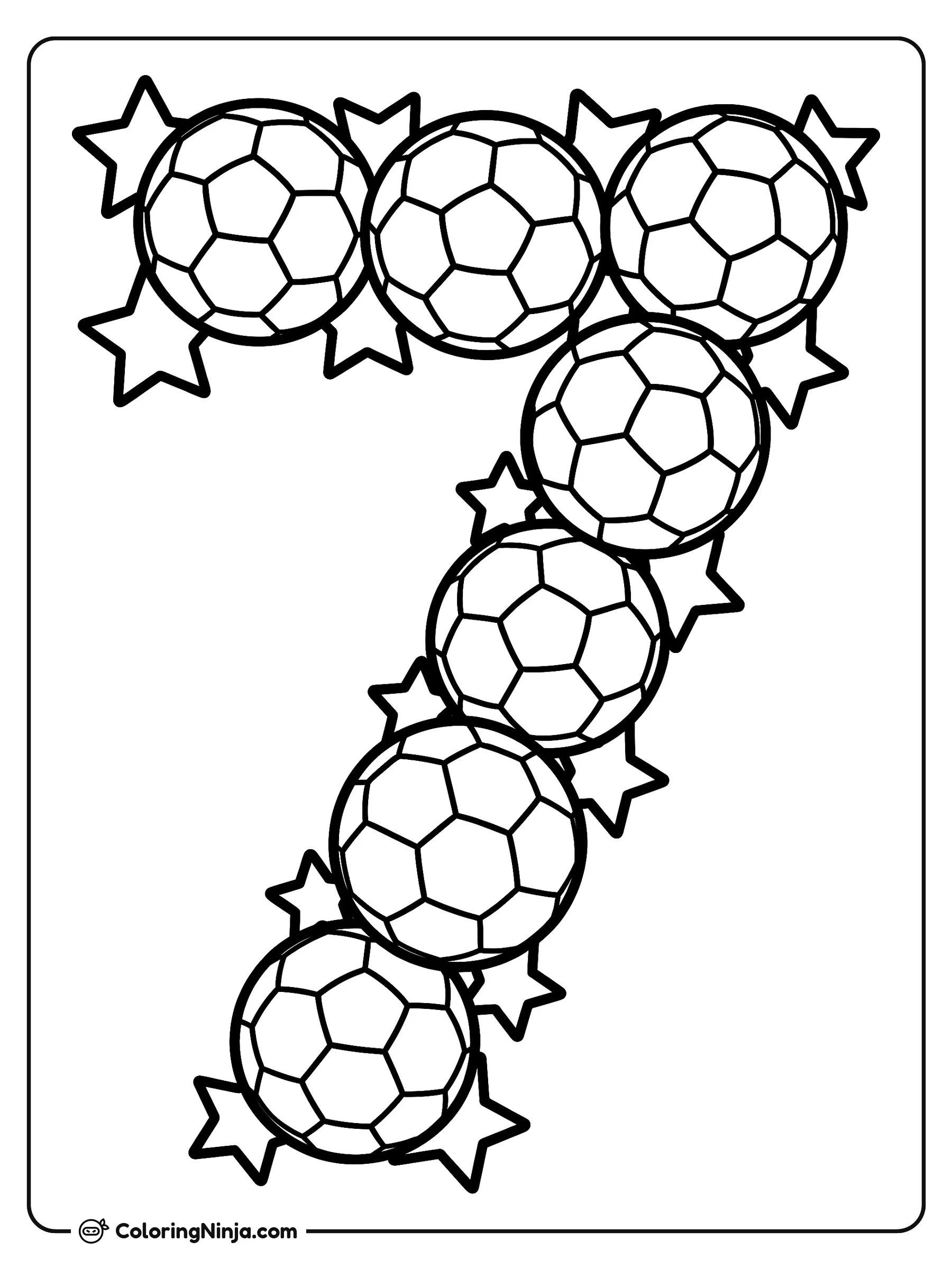 Número siete con balones de fútbol, dibujo para colorear: Siete balones de fútbol están acomodados para formar un gran número siete rodeado de pequeñas estrellas.