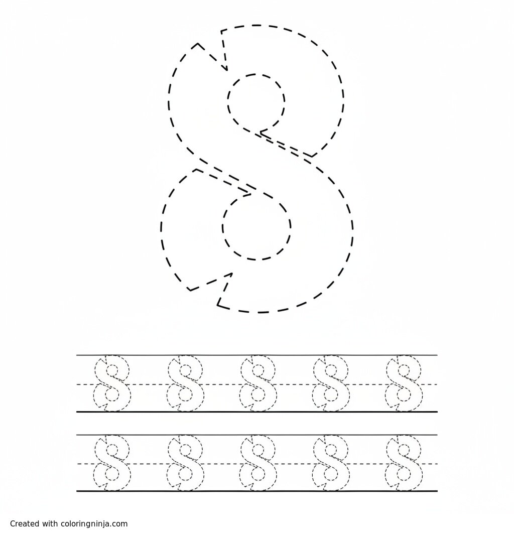 A coloring page of Number 8 with dashed outline for kids to trace. One large “8” and several lines with smaller “8” for kids to practice