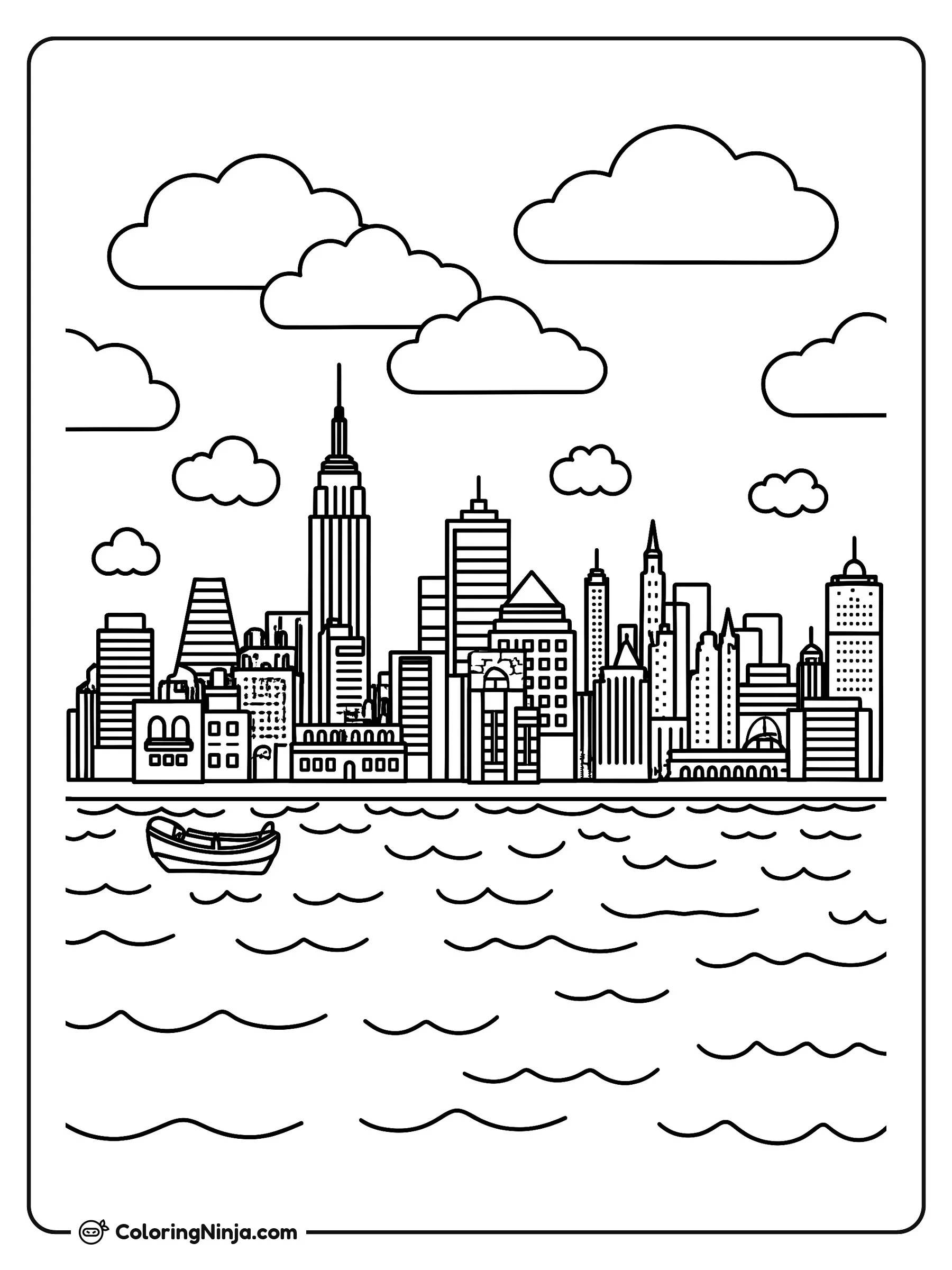 Horizonte urbano de Nueva York, dibujo para colorear: El horizonte de la ciudad de Nueva York se alza junto al agua con famosos rascacielos, incluyendo el Empire State, bajo esponjosas nubes.