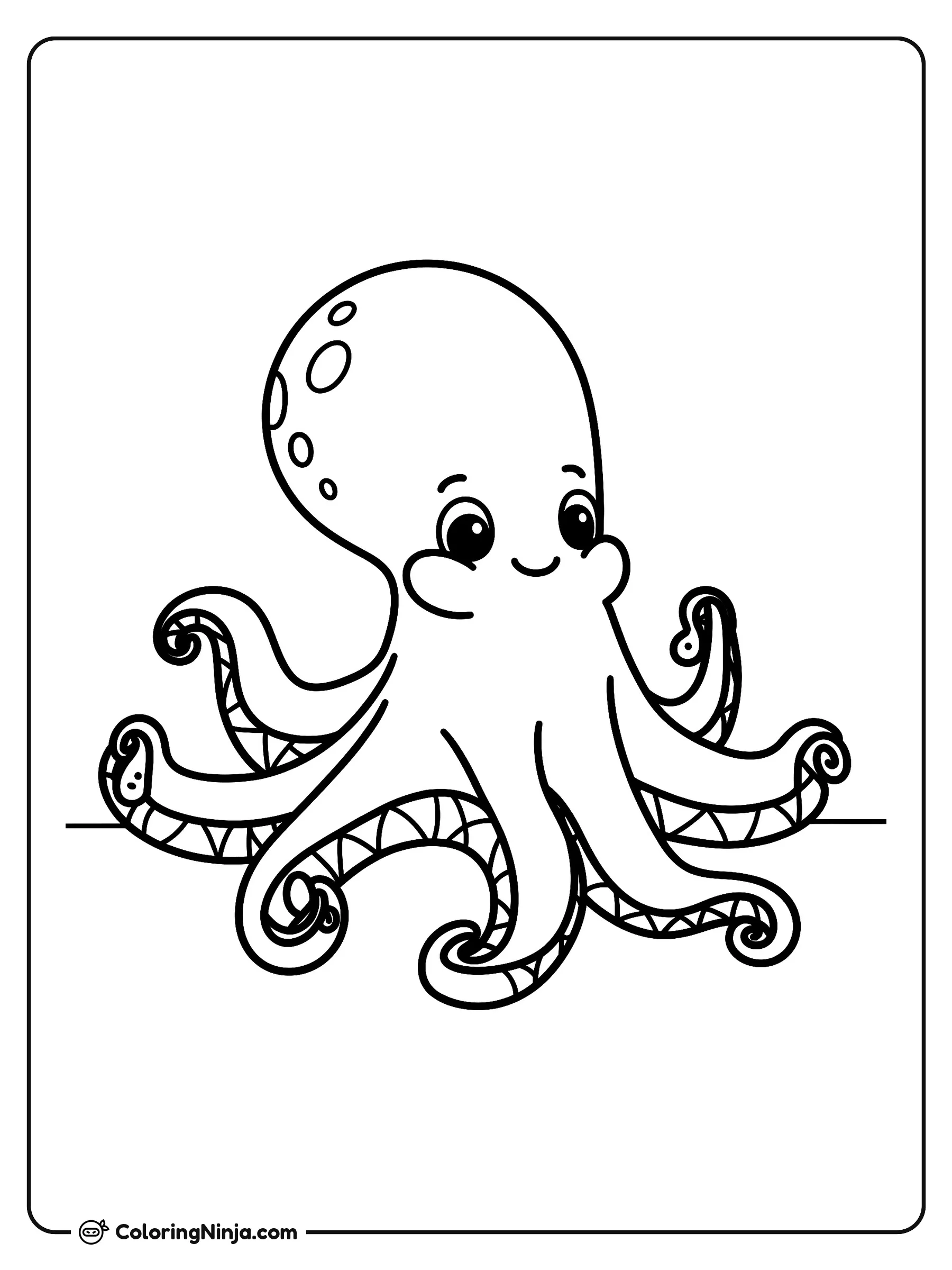 Pulpo simpático de grandes ojos, dibujo para colorear: Un simpático pulpo sonríe alegremente con sus grandes ojos brillantes y pequeñas manchas en la cabeza.