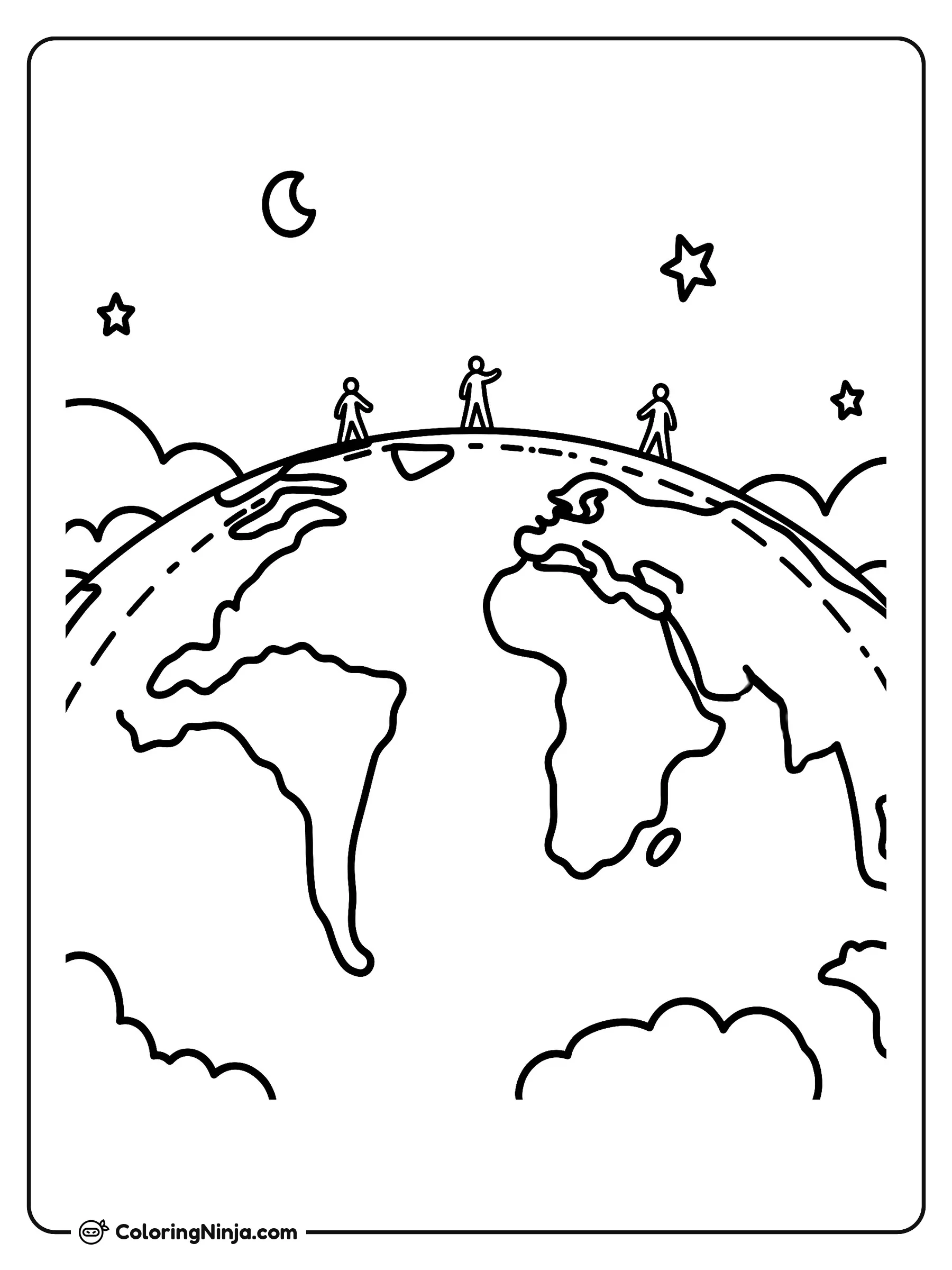 Caminando alrededor del planeta Tierra, dibujo para colorear: Pequeñas figuras recorren un camino sobre el planeta Tierra, rodeadas de esponjosas nubes y un cielo nocturno con estrellas y una luna creciente.