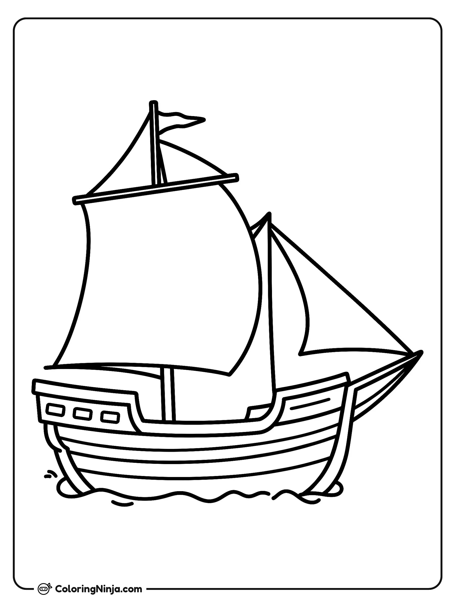 Barco antiguo en el mar, dibujo para colorear: Un barco antiguo navega suavemente sobre unas suaves olas del océano.