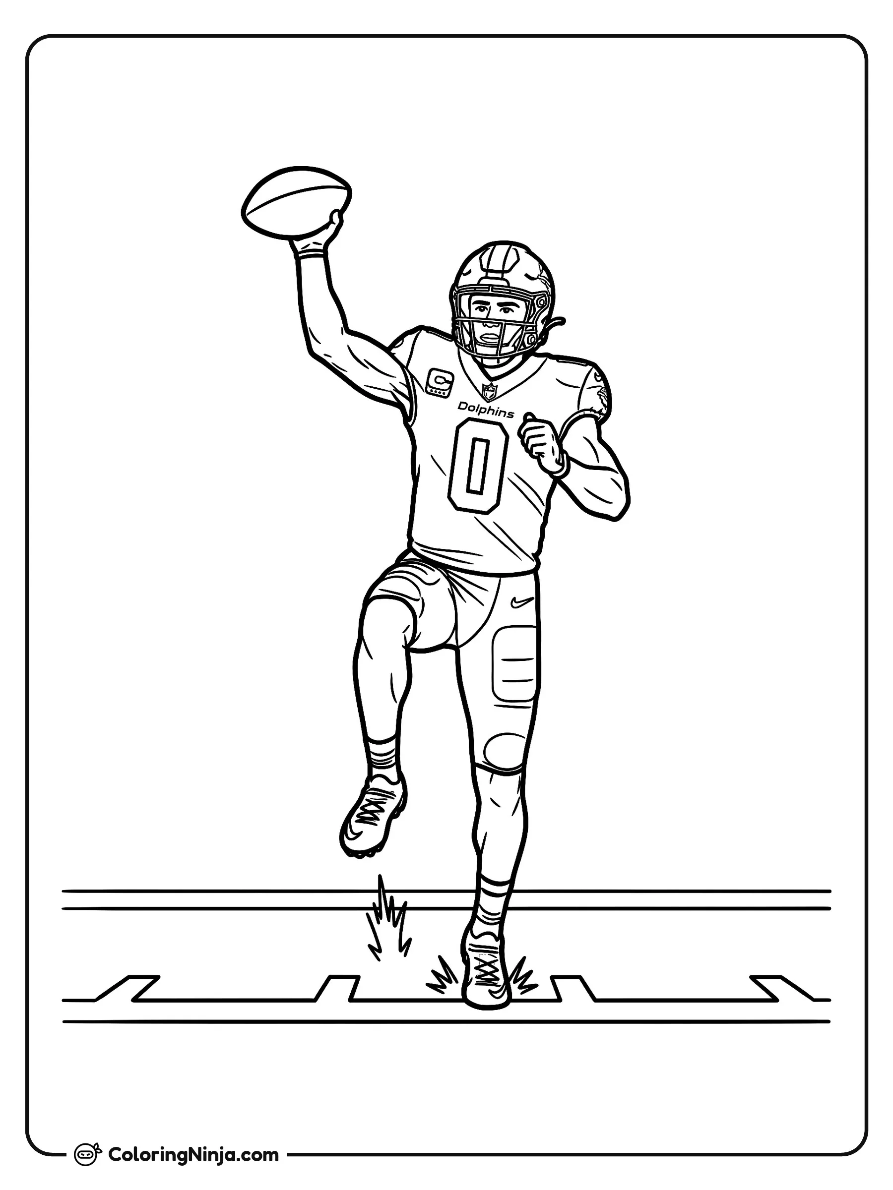 Celebración de touchdown de Ollie Gordon II, dibujo para colorear: Ollie Gordon II celebra una anotación levantando el balón de fútbol americano con una mano mientras corre a zancadas por el campo.