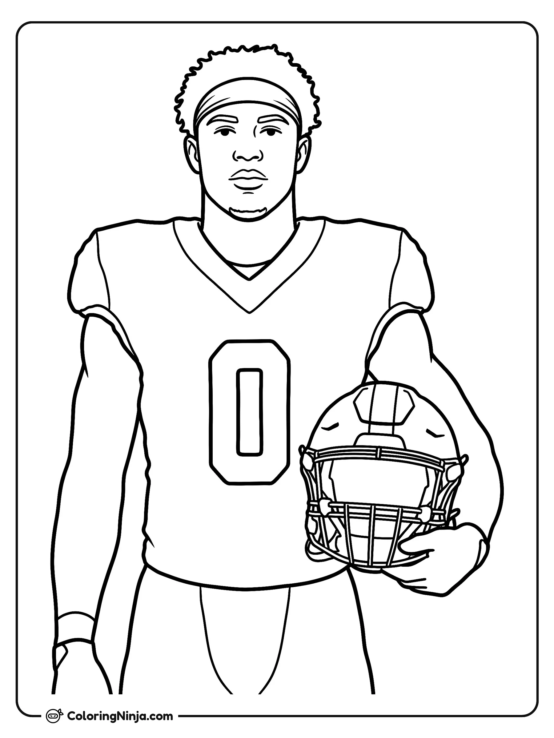 Retrato de Ollie Gordon II en la banda, dibujo para colorear: El jugador de fútbol americano Ollie Gordon II posa de frente con su cinta en la cabeza, el jersey con el número cero y sus pantalones deportivos.