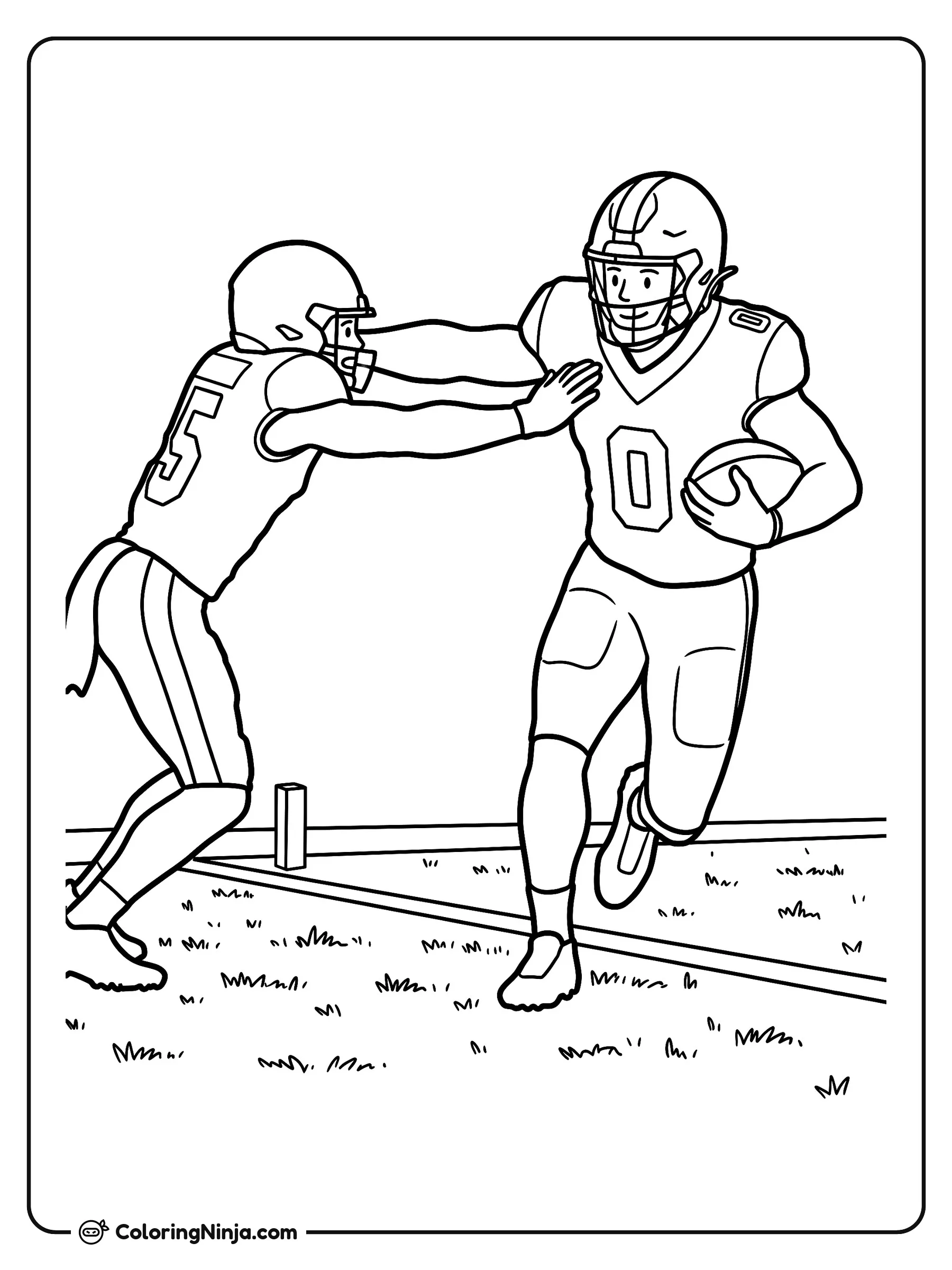 Ollie Gordon II con balón de fútbol americano, dibujo para colorear: Ollie Gordon II avanza con el balón mientras frena a un defensa rival con el brazo extendido. Ambos jugadores están en un campo con pasto, líneas marcadas y un indicador de límite.
