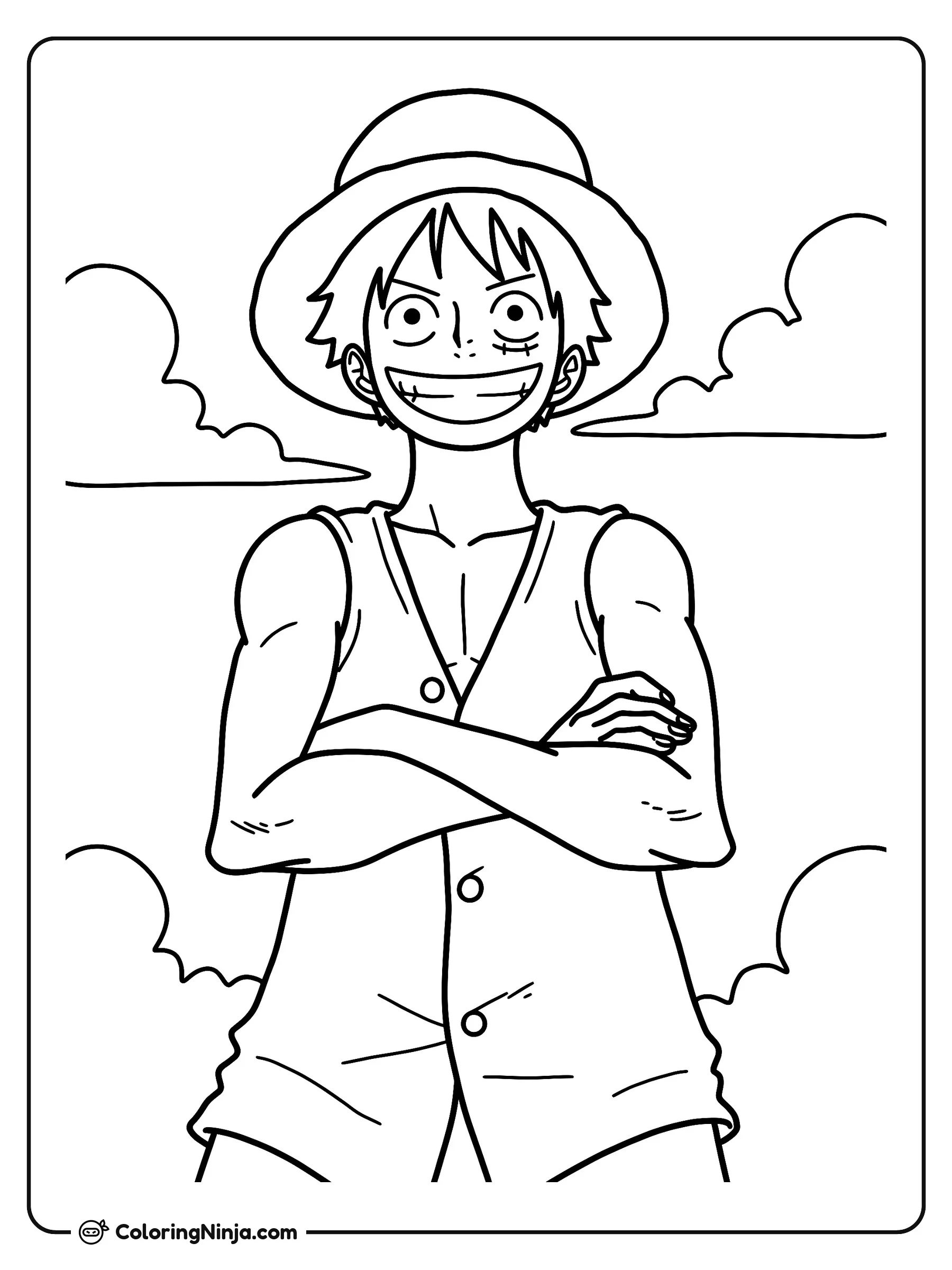 Monkey D Luffy de One Piece, dibujo para colorear: Monkey D Luffy de One Piece posa seguro de sí mismo con los brazos cruzados y una gran sonrisa.