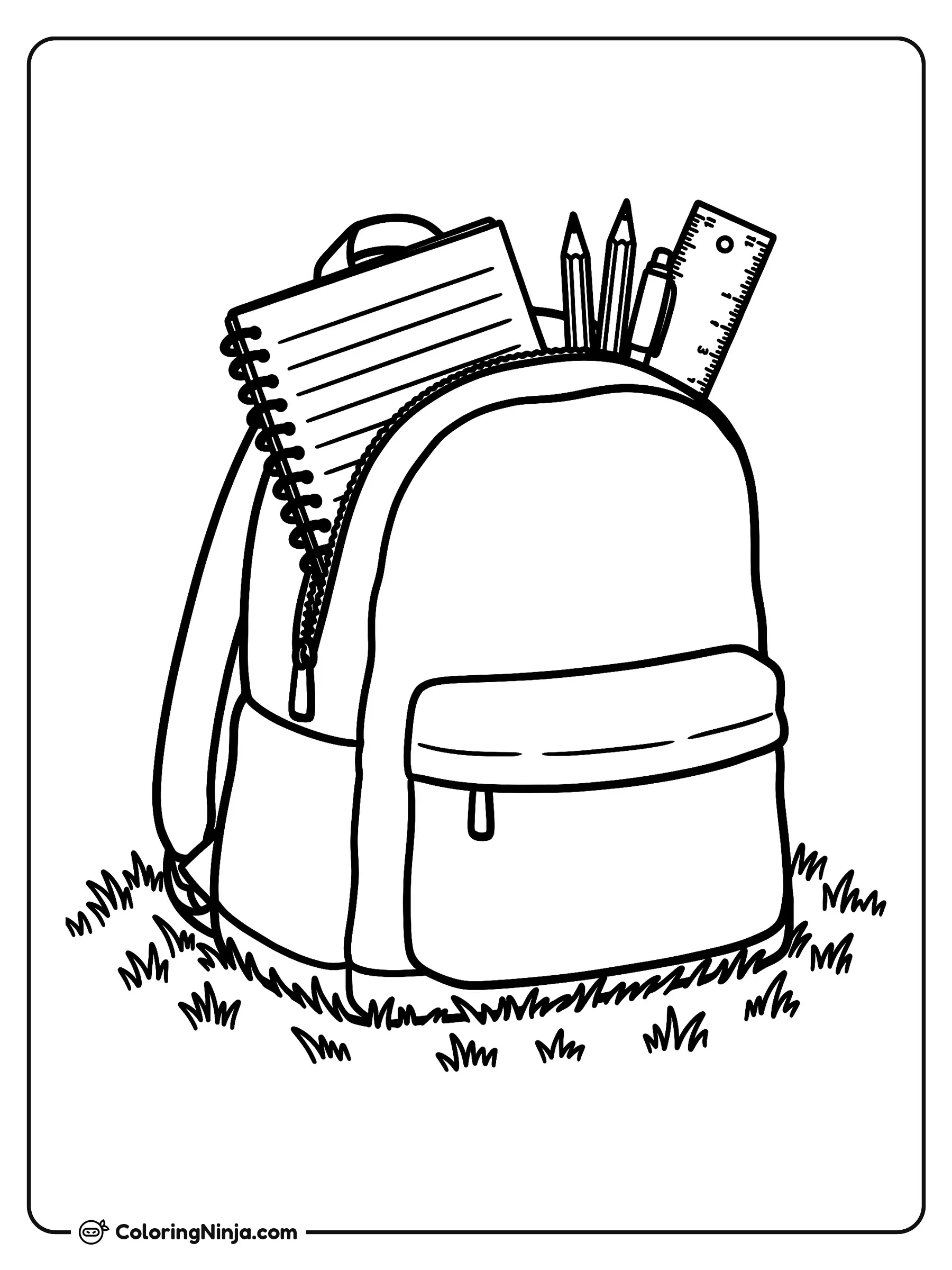 Mochila con útiles escolares en el pasto, dibujo para colorear: Una mochila abierta descansa sobre el pasto, llena de útiles listos para las clases. De su compartimento principal asoman un cuaderno de espiral, lápices afilados, una pluma y una regla.
