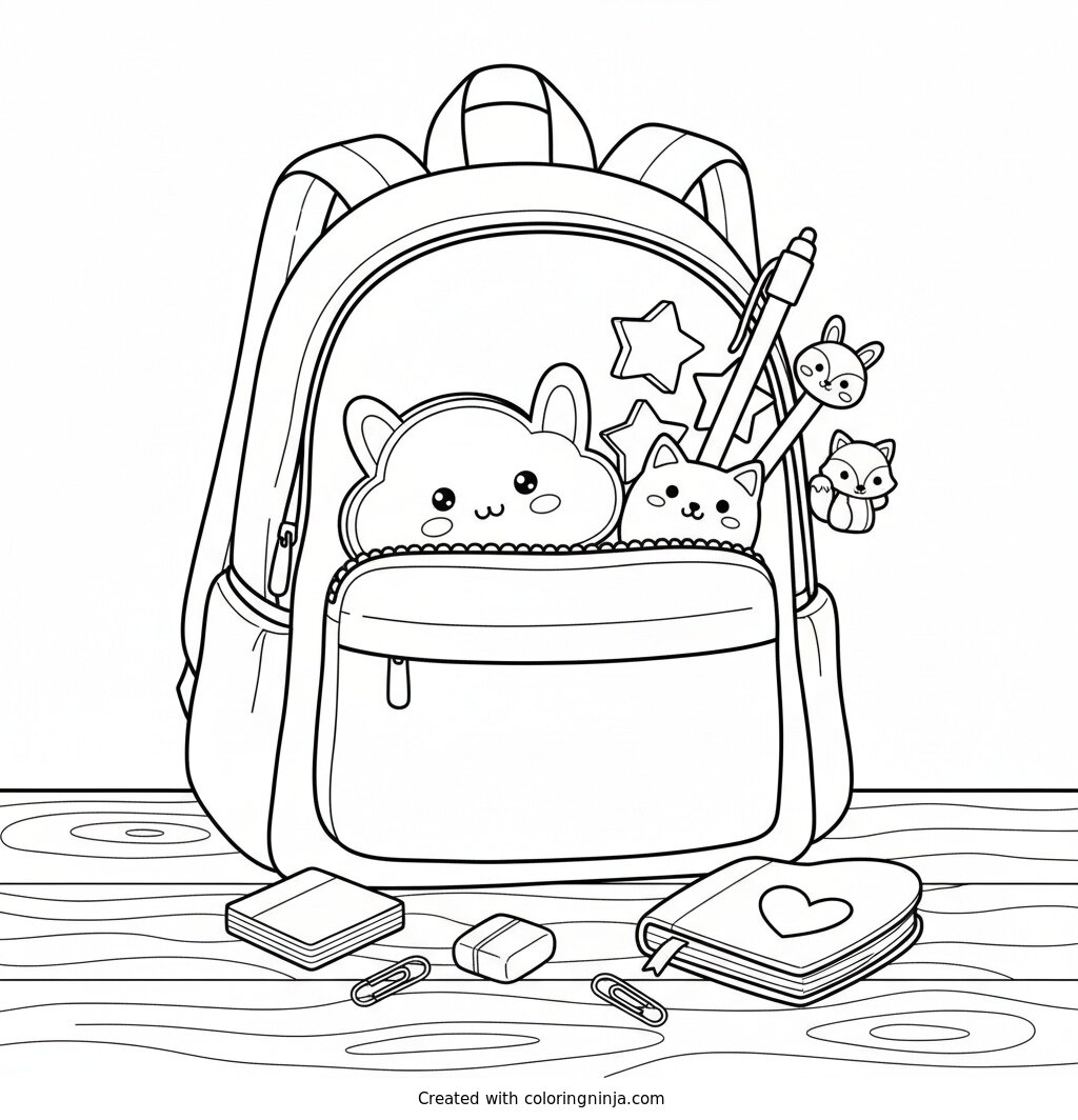 School Desk Backpack Supplies Coloring Page