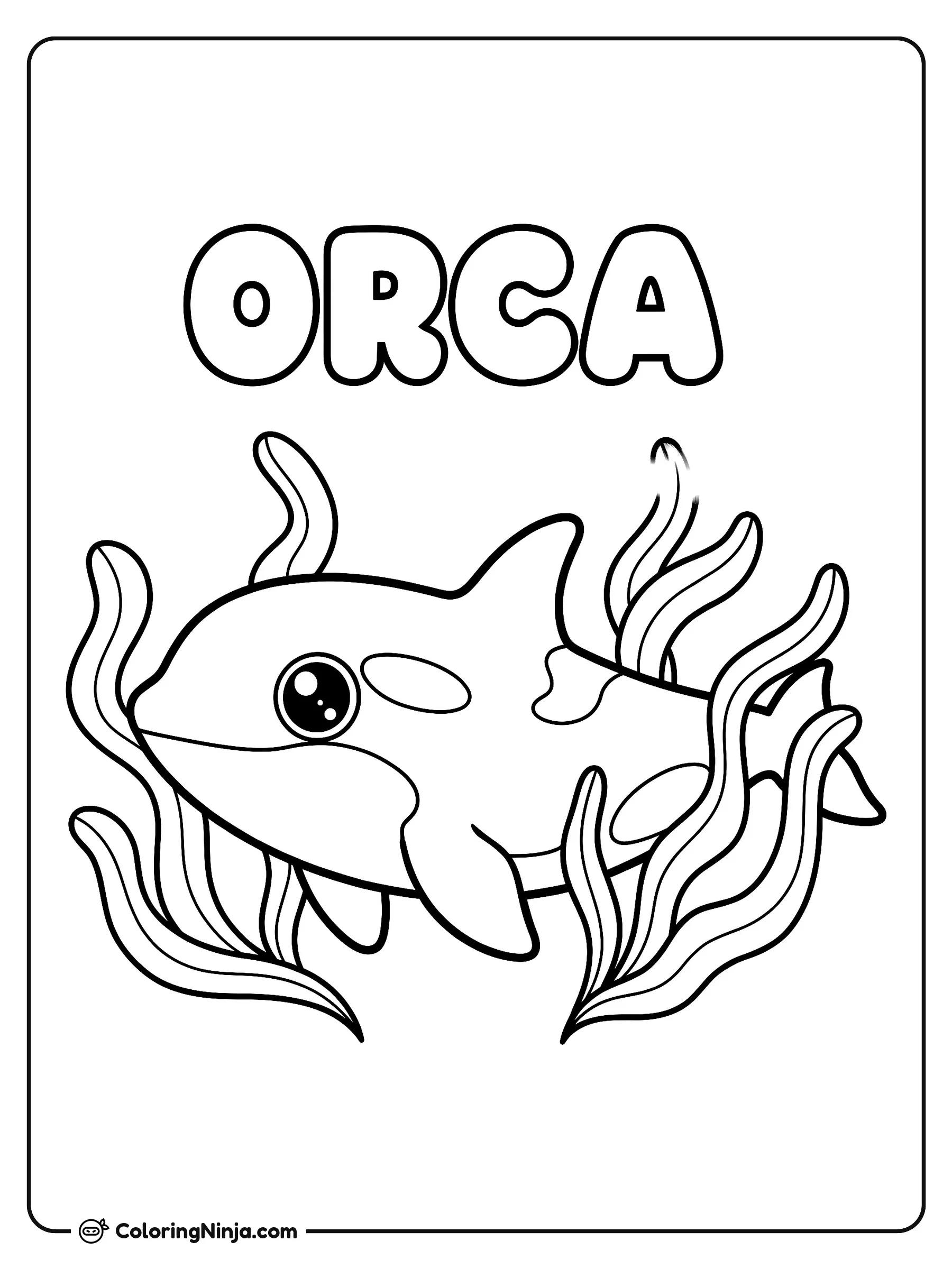 Una amigable orca de ojos brillantes, dibujo para colorear: Una amigable orca de ojos brillantes nada alegremente bajo el agua rodeada de largas algas marinas. Sobre la escena marina, grandes letras de burbuja forman la palabra ORCA.