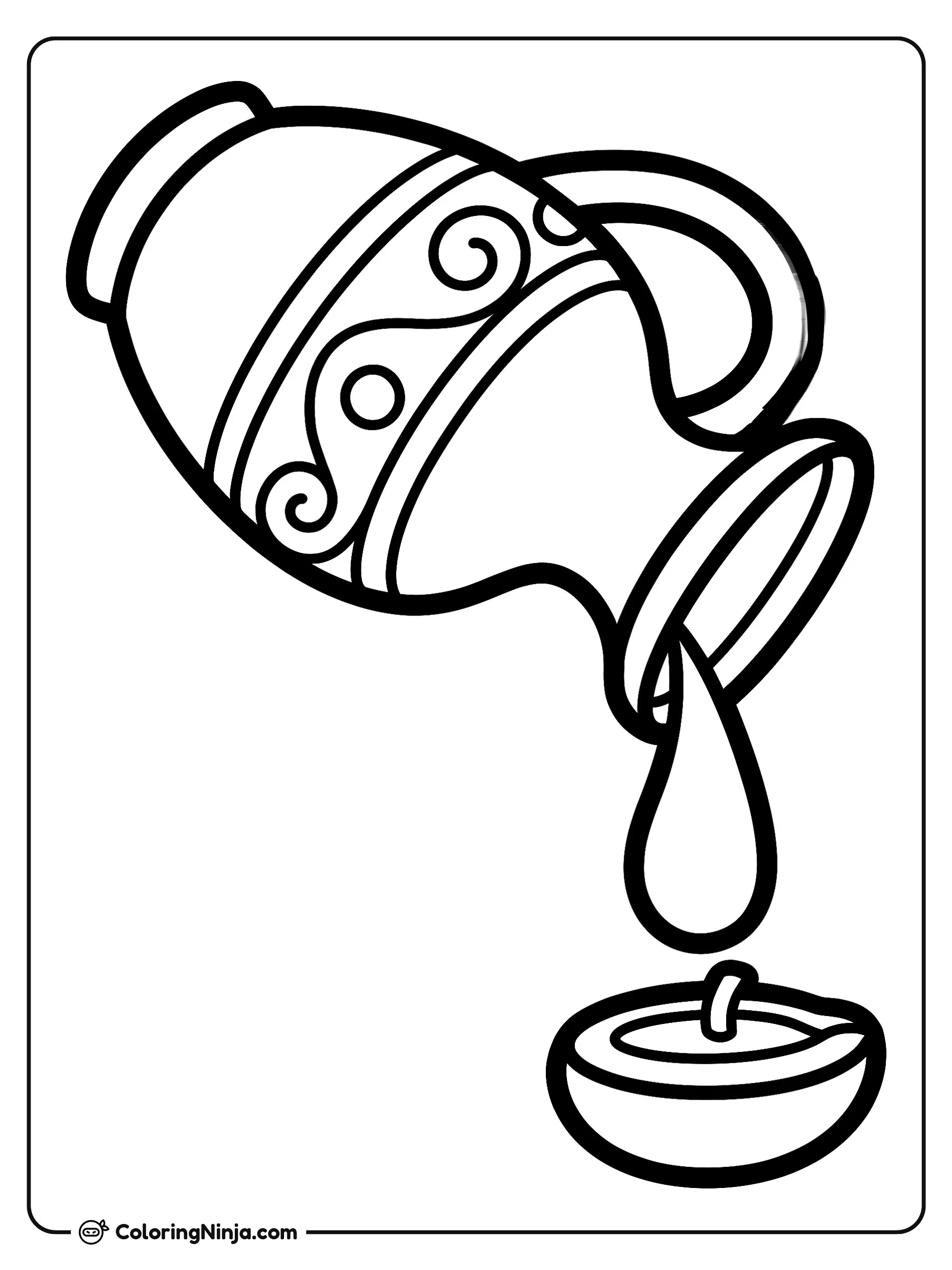 Ancient Olive Oil Jug Miracle Coloring Page: A decorative clay jug with carved patterns tips slightly to pour a single liquid drop into a small oil lamp. Simple decorative stars float around the jug.