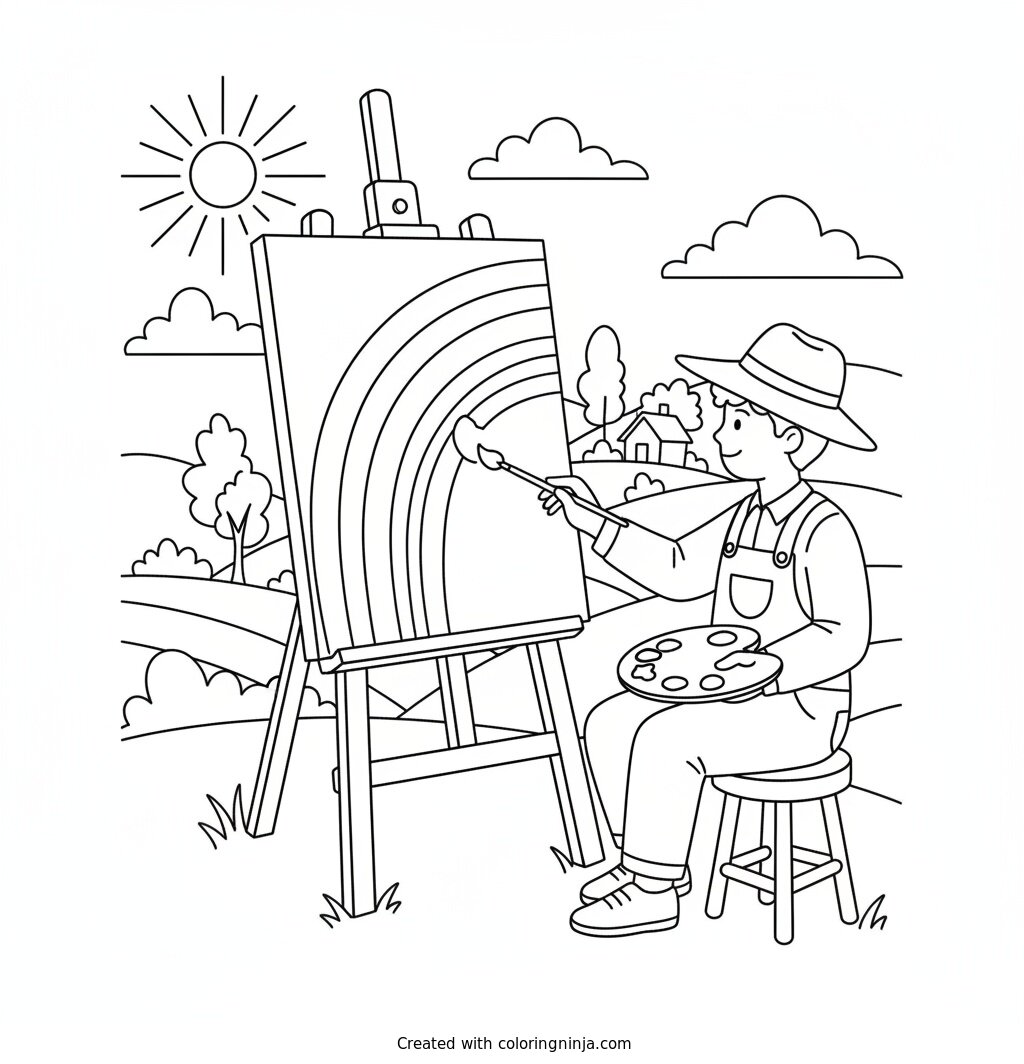 Artist Painting a Rainbow Coloring Page
