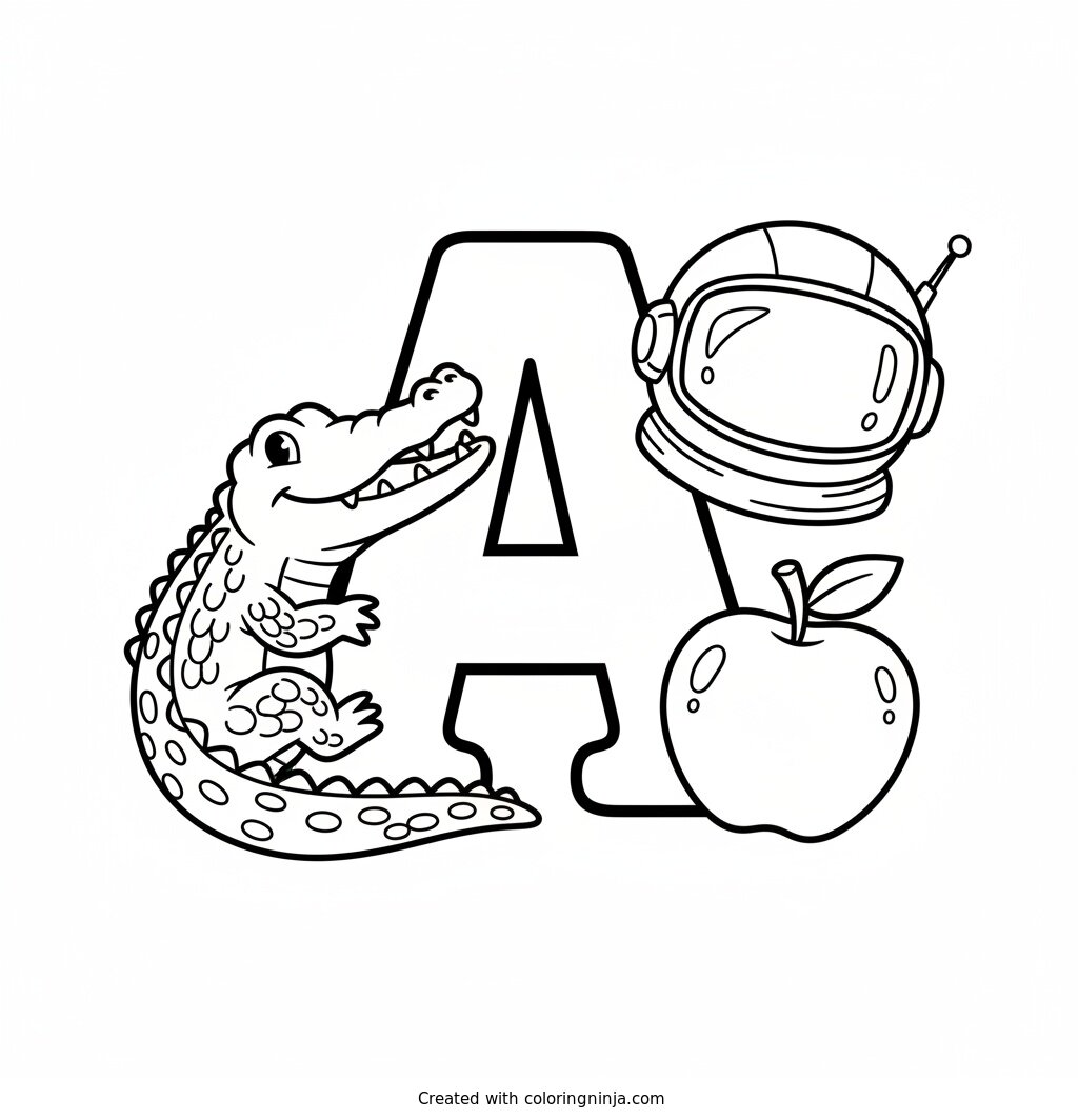 Letter A Animal and Objects Coloring Page
