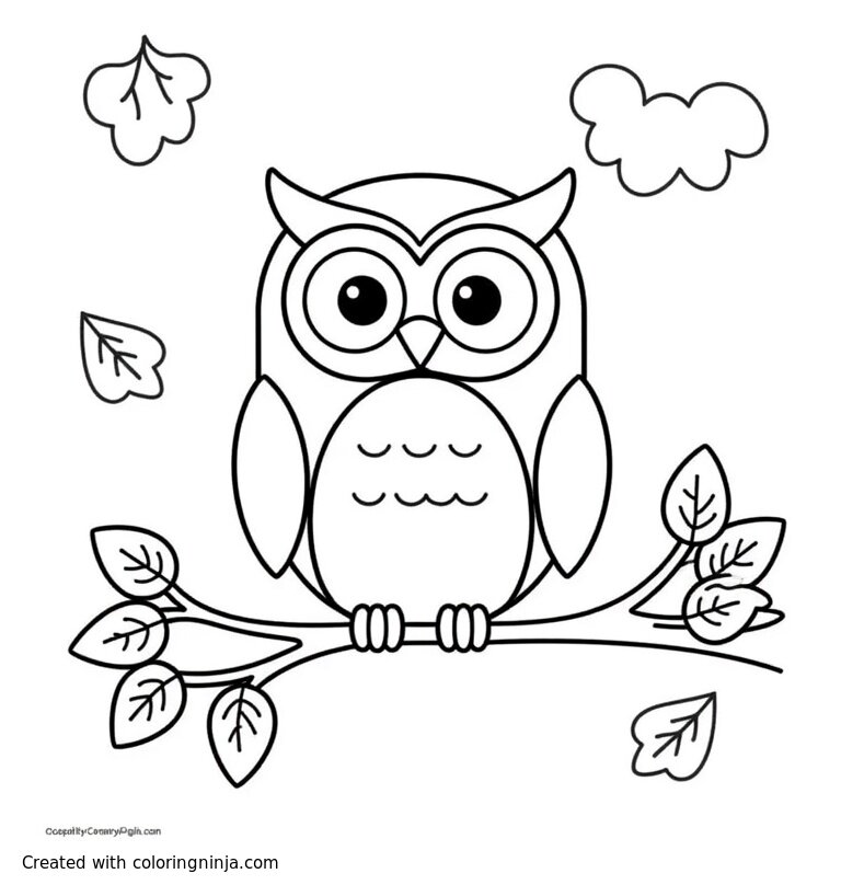 A coloring page of an owl in a tree branch