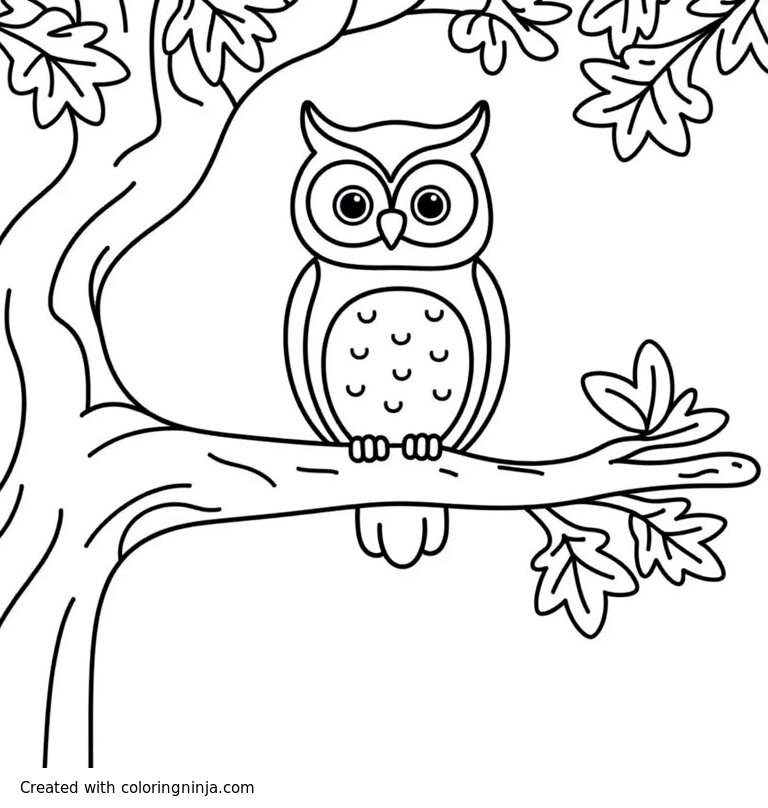 A coloring page of an owl in a tree branch