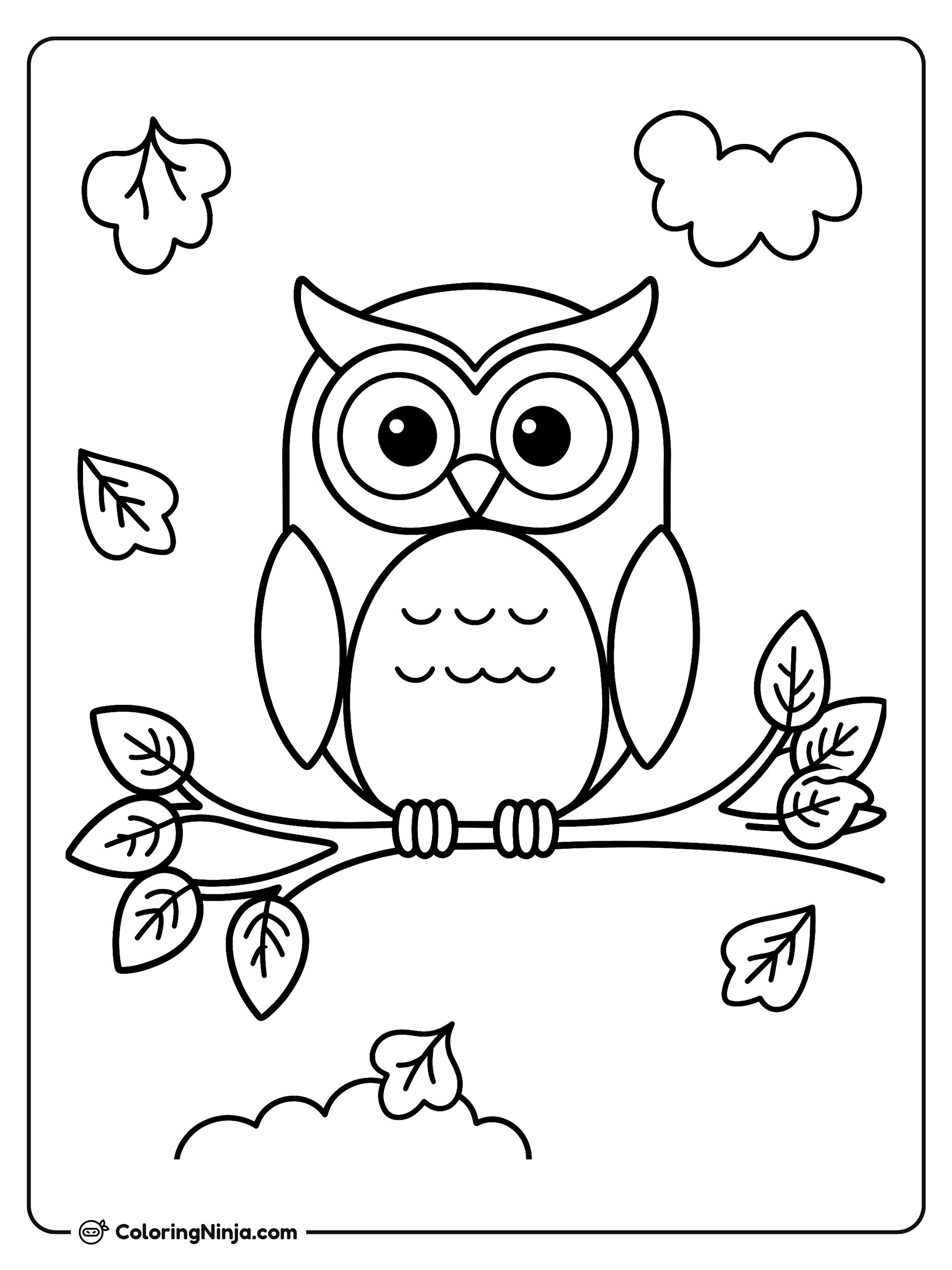 Búho de ojos grandes en una rama: dibujo para colorear