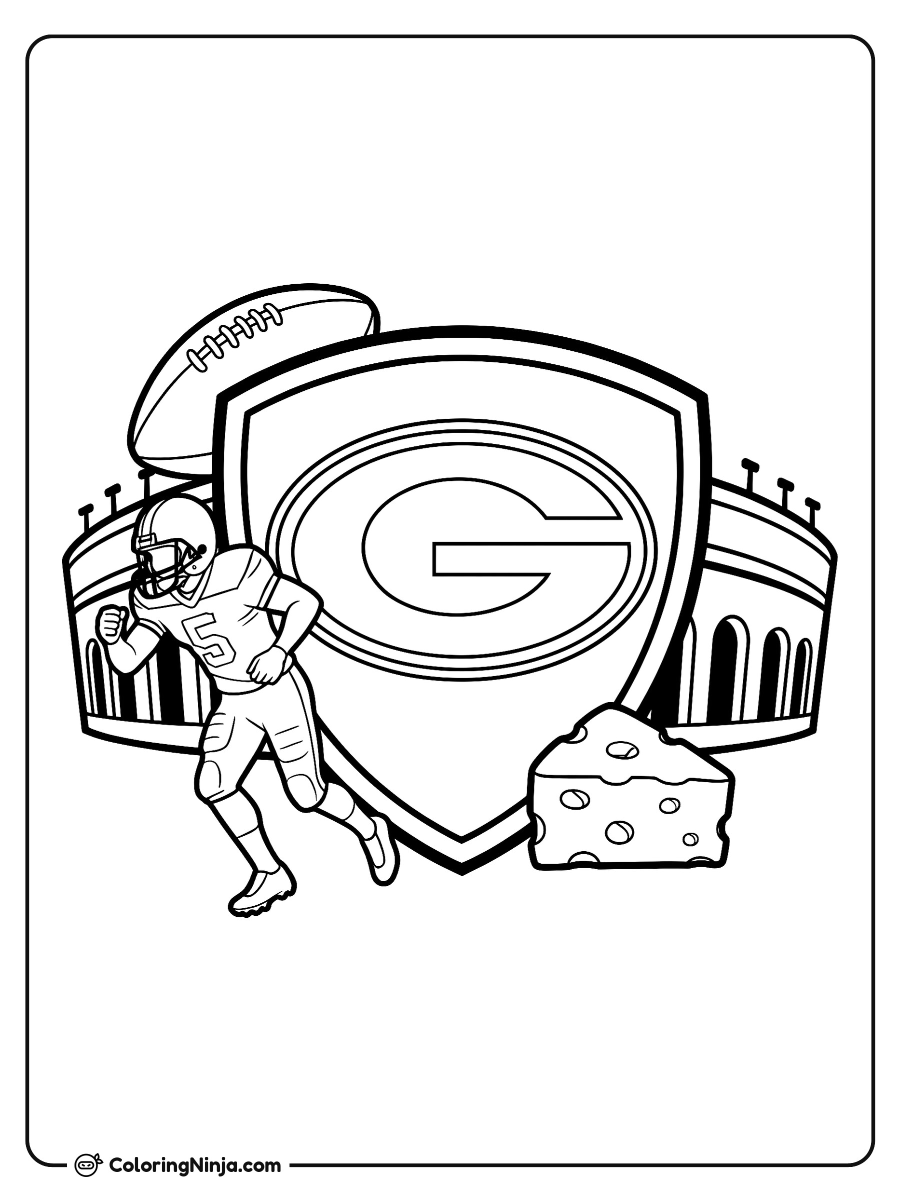 Logo de los Packers con jugador y queso: dibujo para colorear