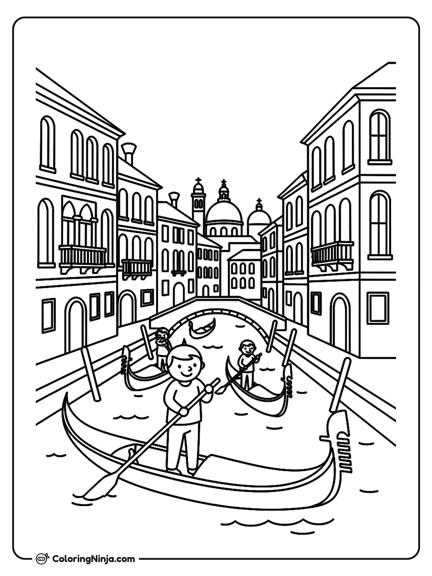 Venetian Canal Landscape Coloring Page: This page shows a classic Venetian landscape with historical buildings lining a calm canal. A traditional gondola floats on the water near a stone bridge.