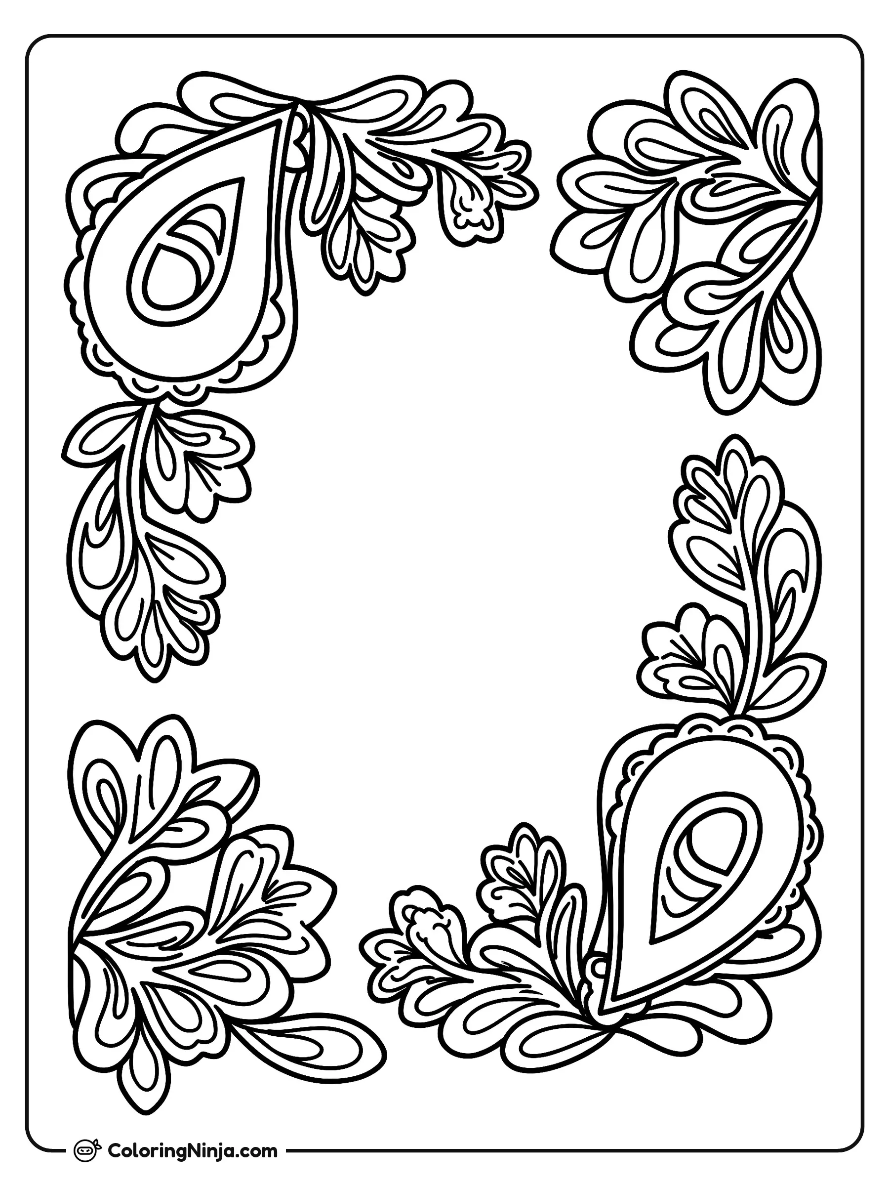 Marco decorativo con patrones de cachemira, dibujo para colorear: Formas decorativas de cachemira y elementos florales estilizados forman un marco alrededor de un espacio central abierto.