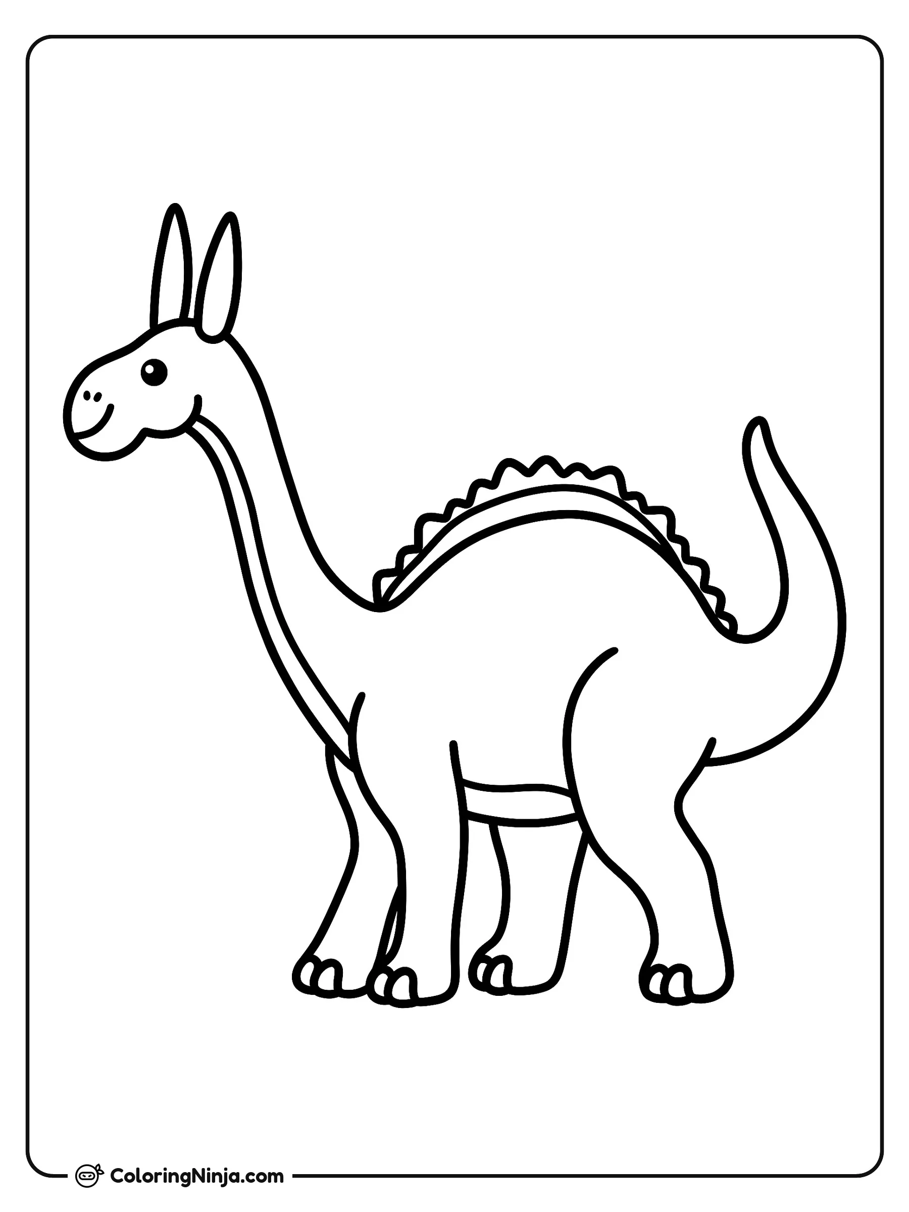 Lindo Dinosaurio de Cuello Largo, dibujo para colorear: Un tierno dinosaurio de cuello largo se encuentra de pie sonriendo alegremente. Tiene pequeñas crestas en la espalda, dos orejas grandes y una cola larga.