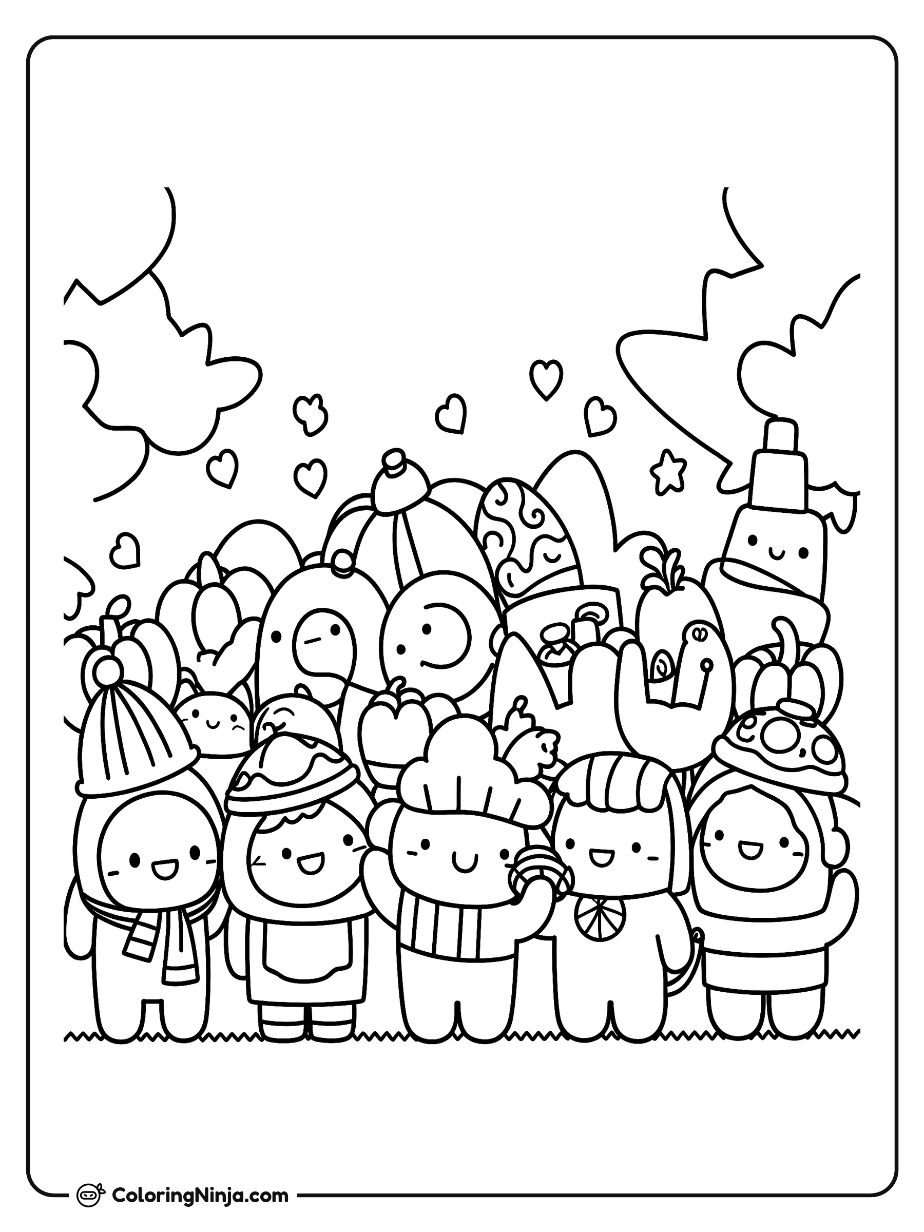 Fiesta de personajes adorables de Among Us: dibujo para colorear