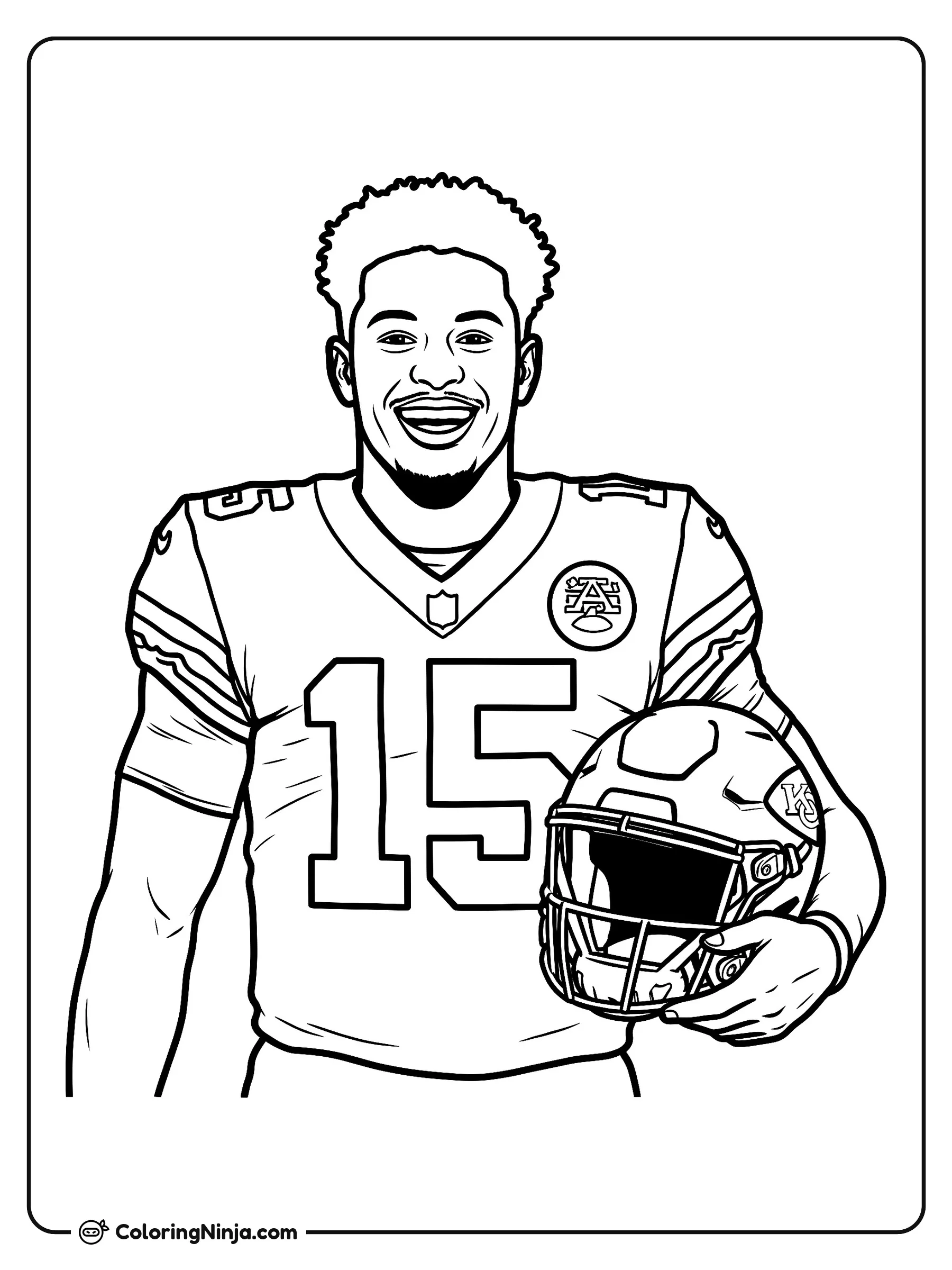 La sonrisa de victoria de Patrick Mahomes, dibujo para colorear: Patrick Mahomes sonríe alegremente con su uniforme de fútbol americano y el número quince en el pecho. Lleva su casco sujeto debajo del brazo mientras posa listo para el partido.