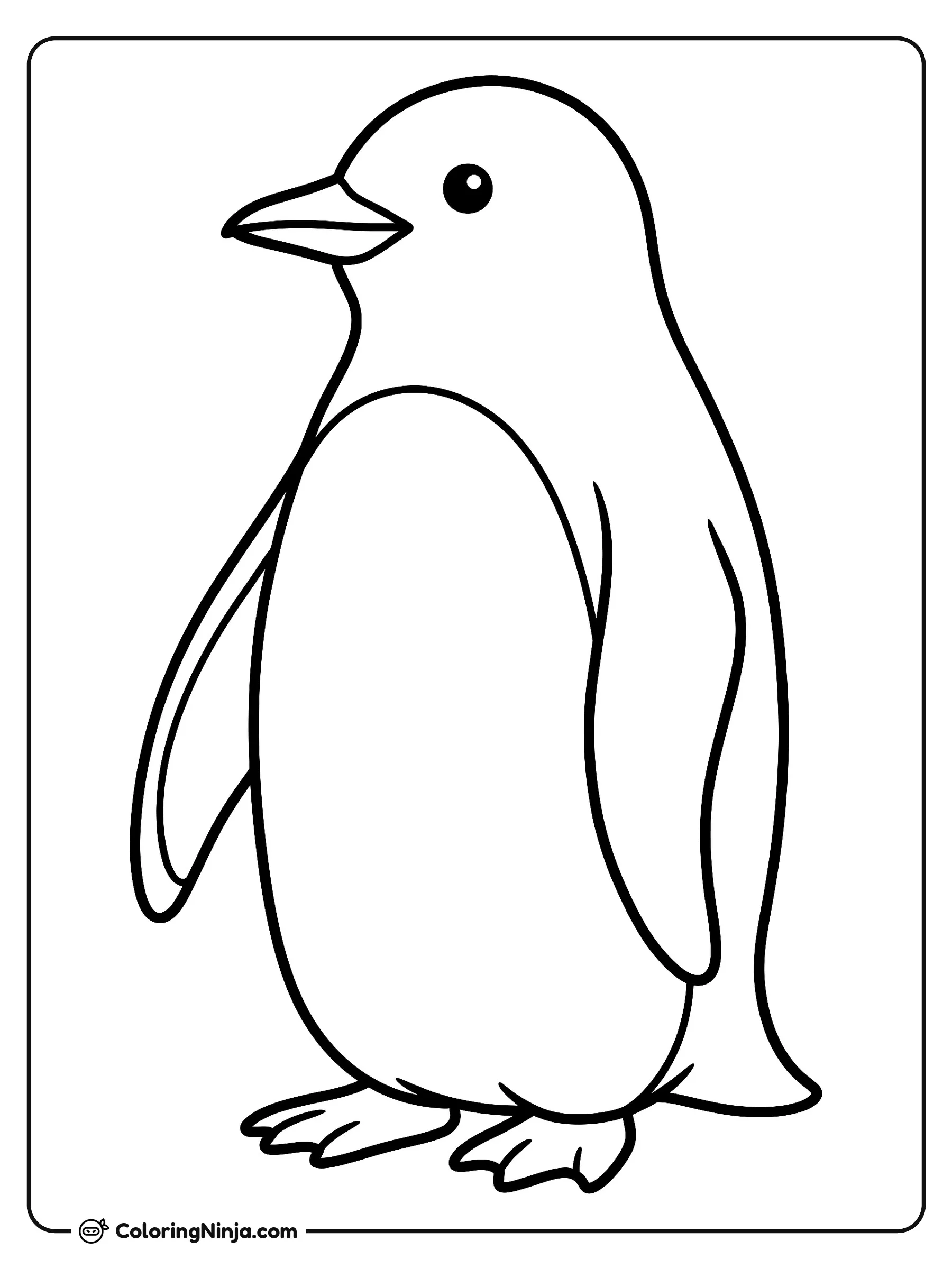 Un Pingüino De Pie, dibujo para colorear: Un pingüino se encuentra de pie y de perfil, mostrando su pico, alas y patas palmeadas. El ave descansa tranquilamente con sus aletas relajadas a los lados.