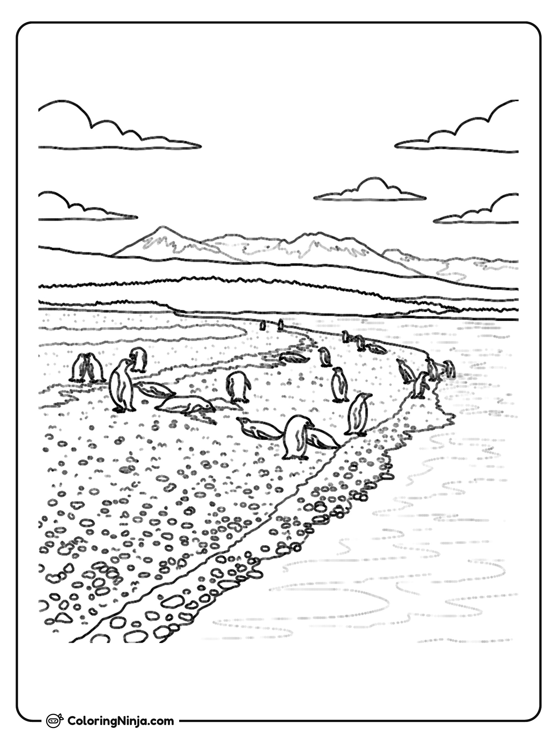 Penguins Resting On A Pebble Beach Near Mountains Coloring Page