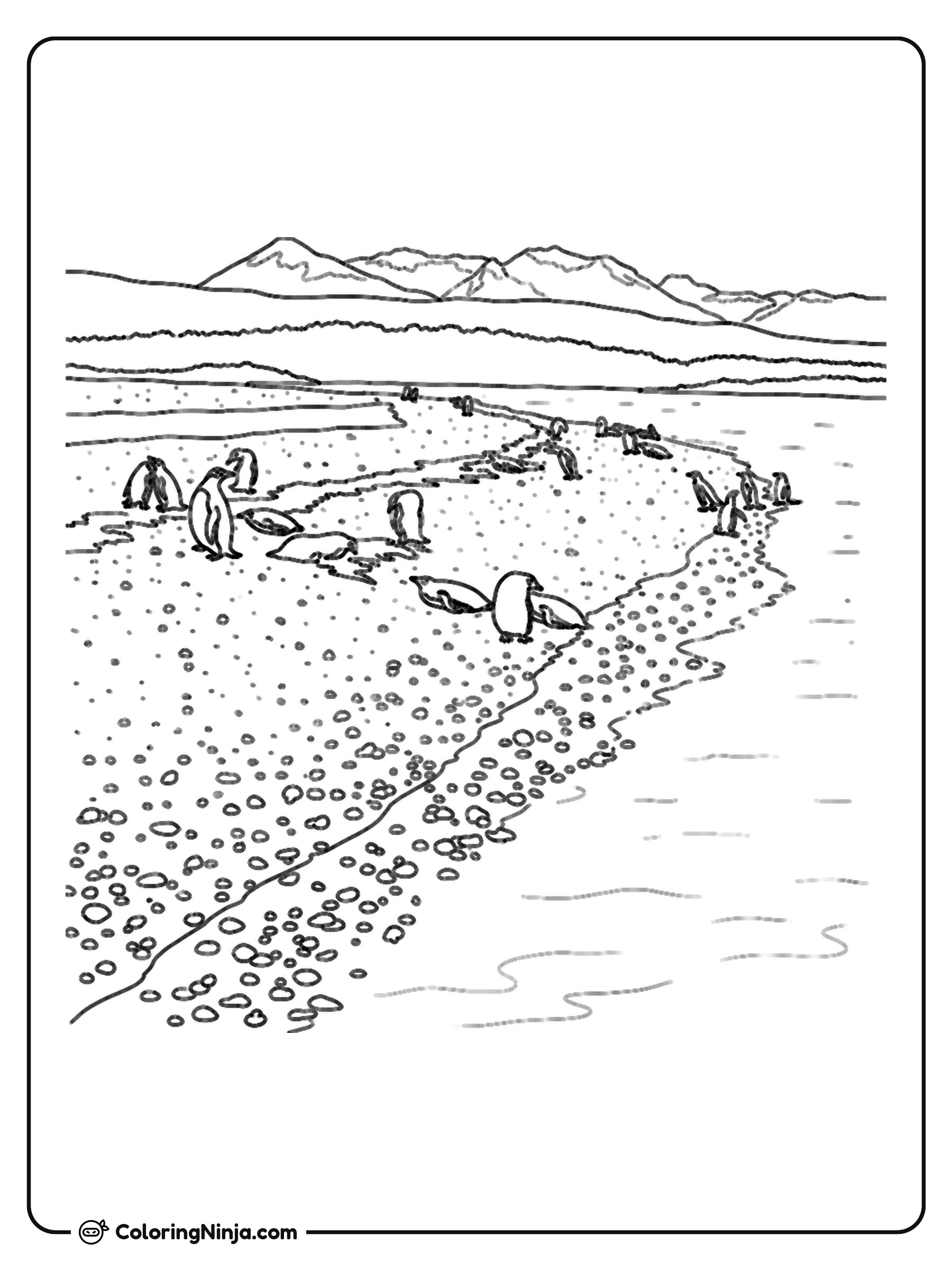 Penguins On A Rocky Beach Near Mountains Coloring Page
