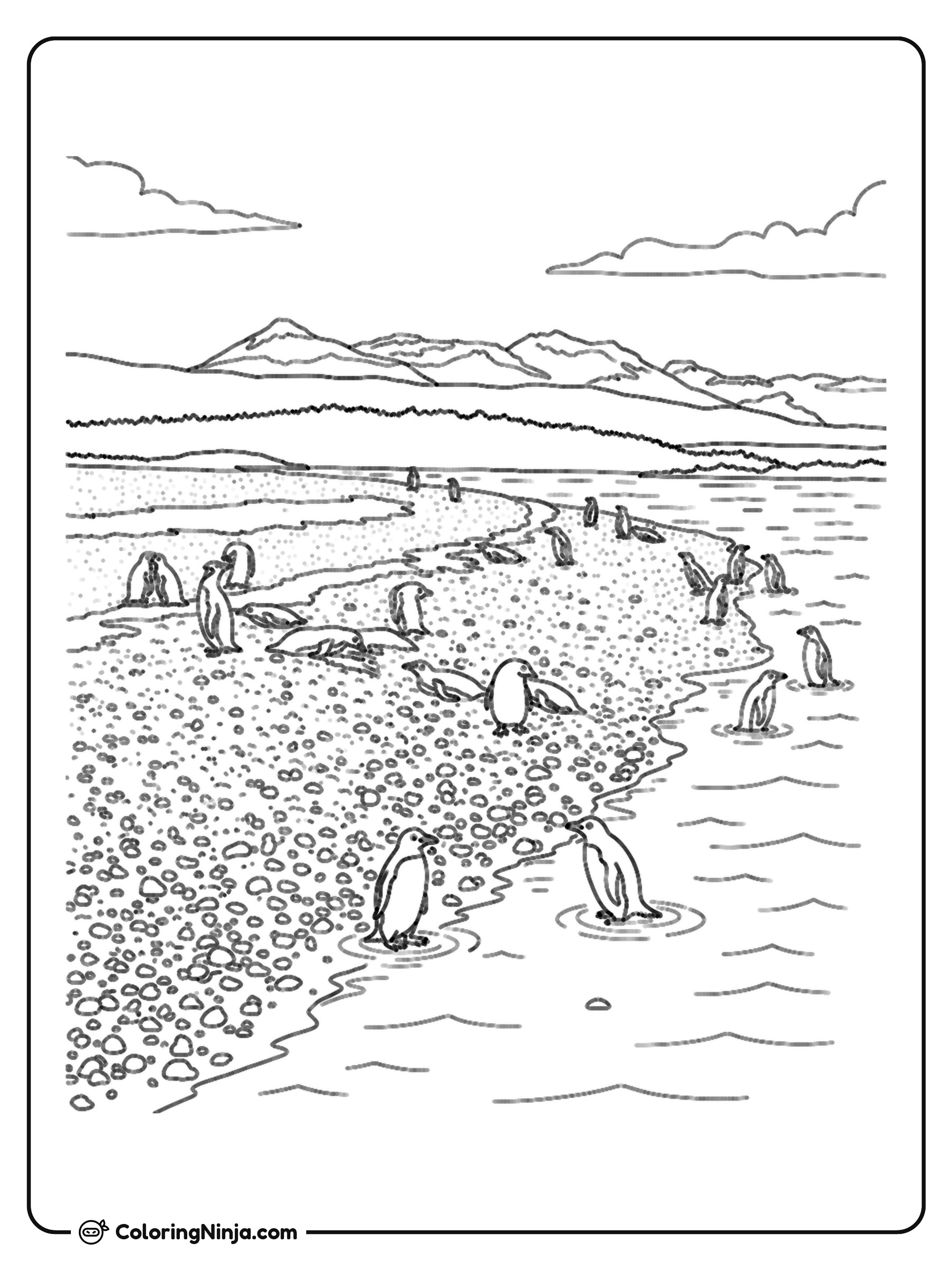 Penguins Standing on a Rocky Beach Coloring Page