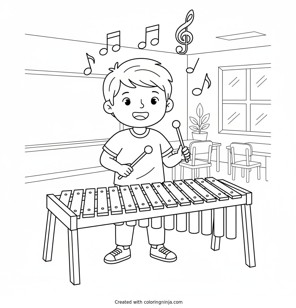 Coloring page of a person playing the xylophone in music class

