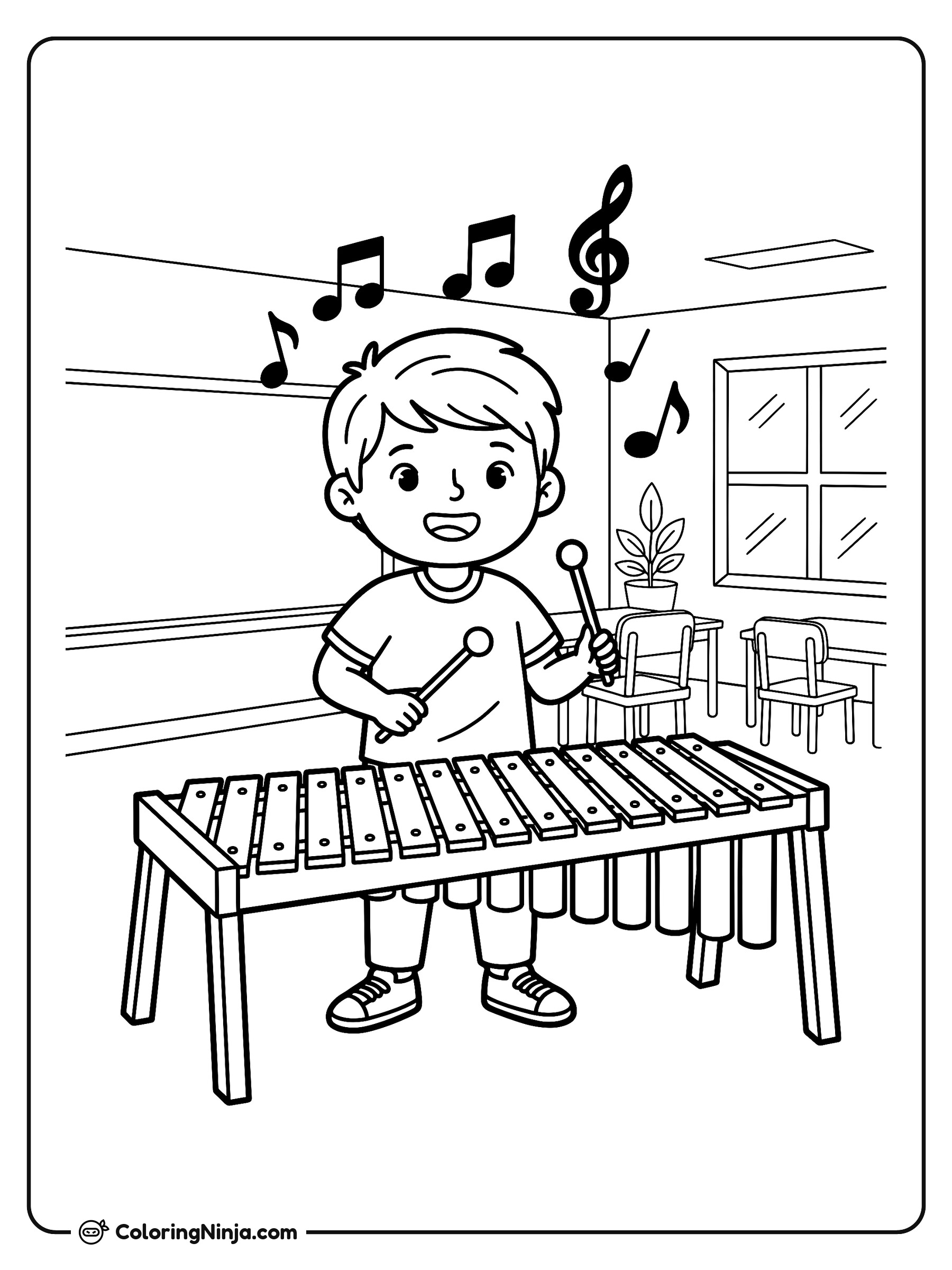 Niño tocando el xilófono en clase: dibujo para colorear