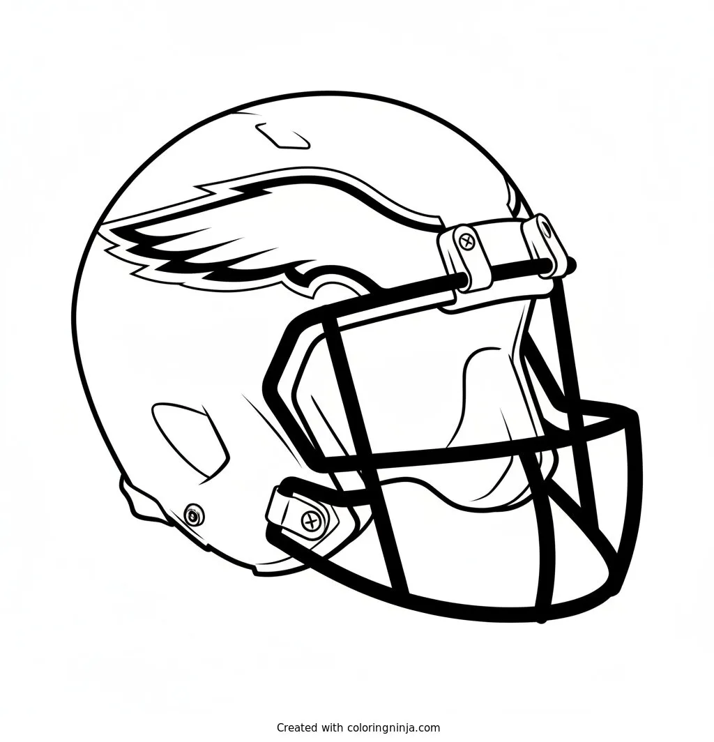 Casco de los Philadelphia Eagles, dibujo para colorear: Un detallado casco de fútbol americano de los Philadelphia Eagles se muestra ligeramente de lado, exhibiendo su rejilla protectora y su emblemática ala lateral.