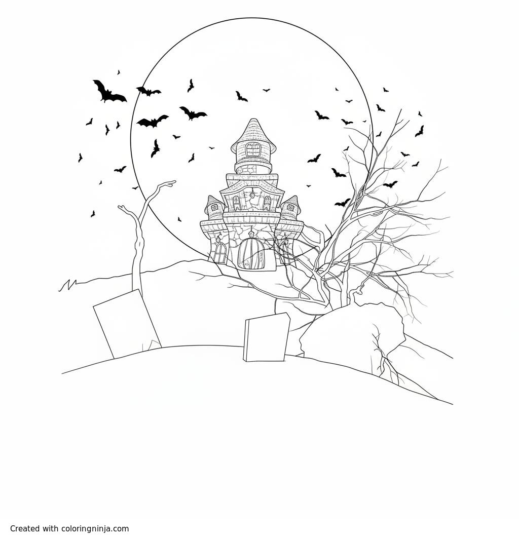 A coloring page of A spooky haunted house under the moon.