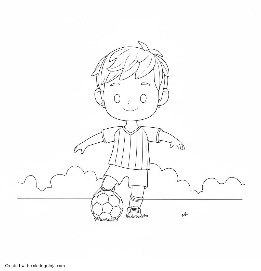 A coloring page of Soccer Kid on a Field Coloring Page