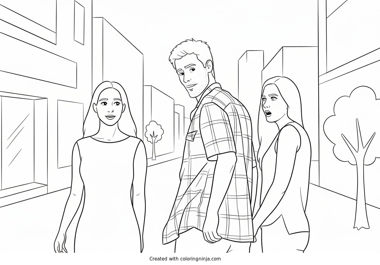 A coloring page of Distracted boyfriend meme coloring page