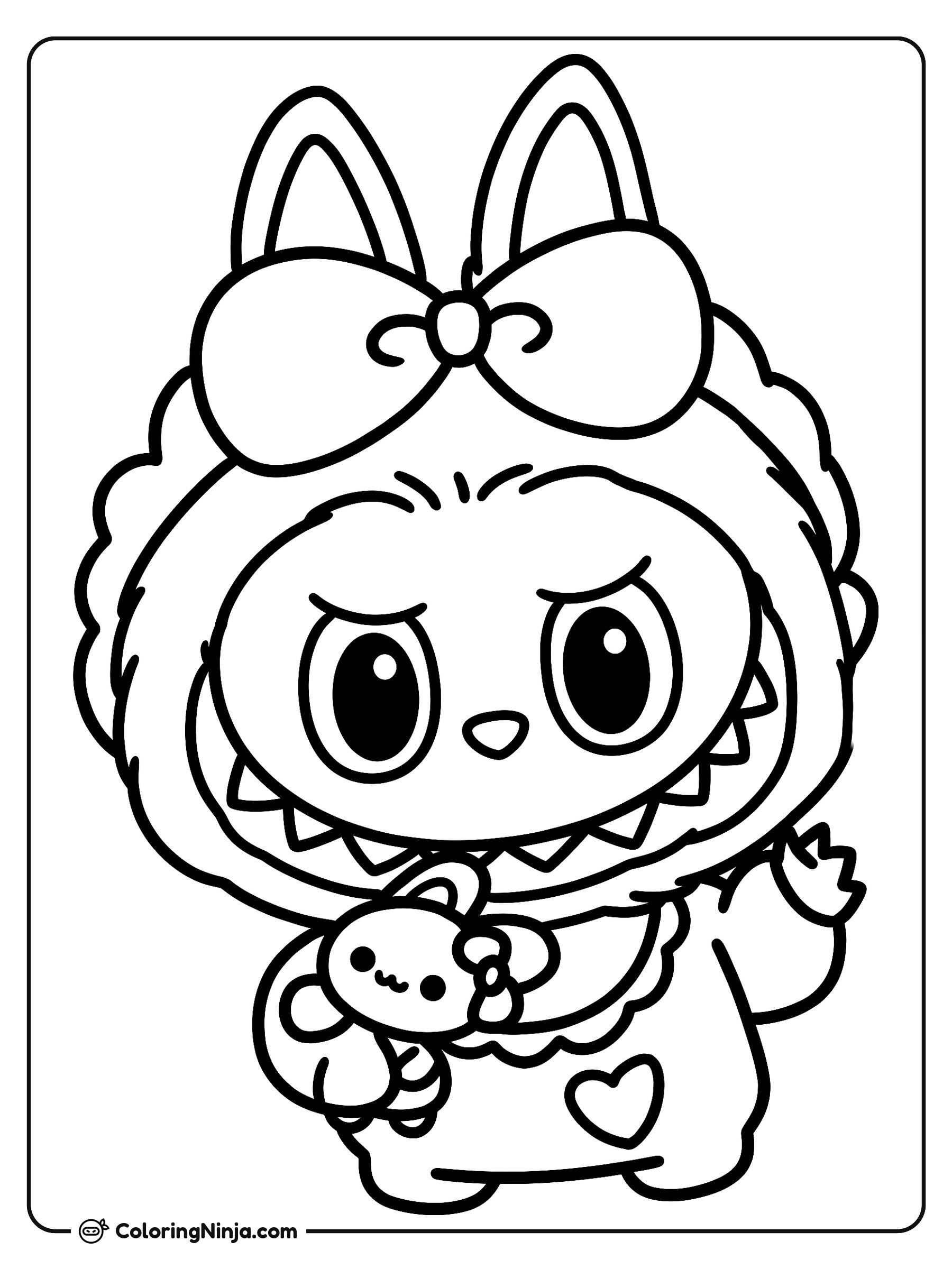 Labubu tierno con su peluche: dibujo para colorear