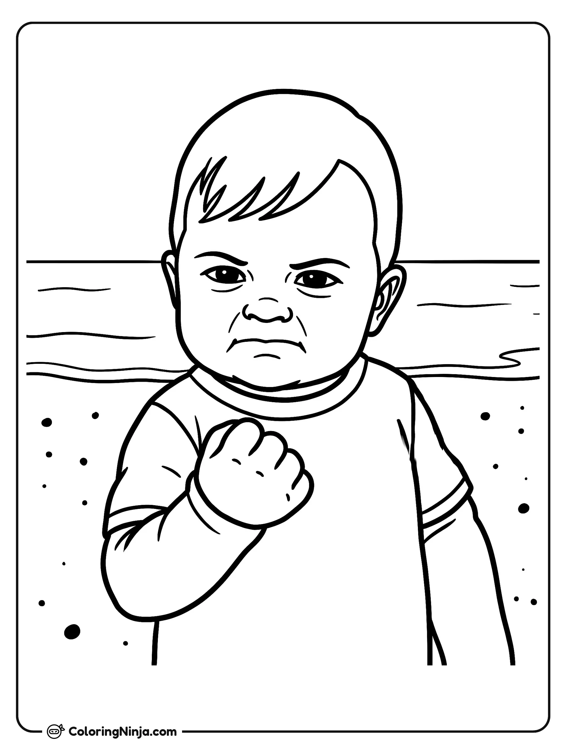 Meme del bebé del éxito, dibujo para colorear: El bebé del éxito se encuentra en una playa de arena cerca del mar, vistiendo una camiseta sobre otra de manga larga.