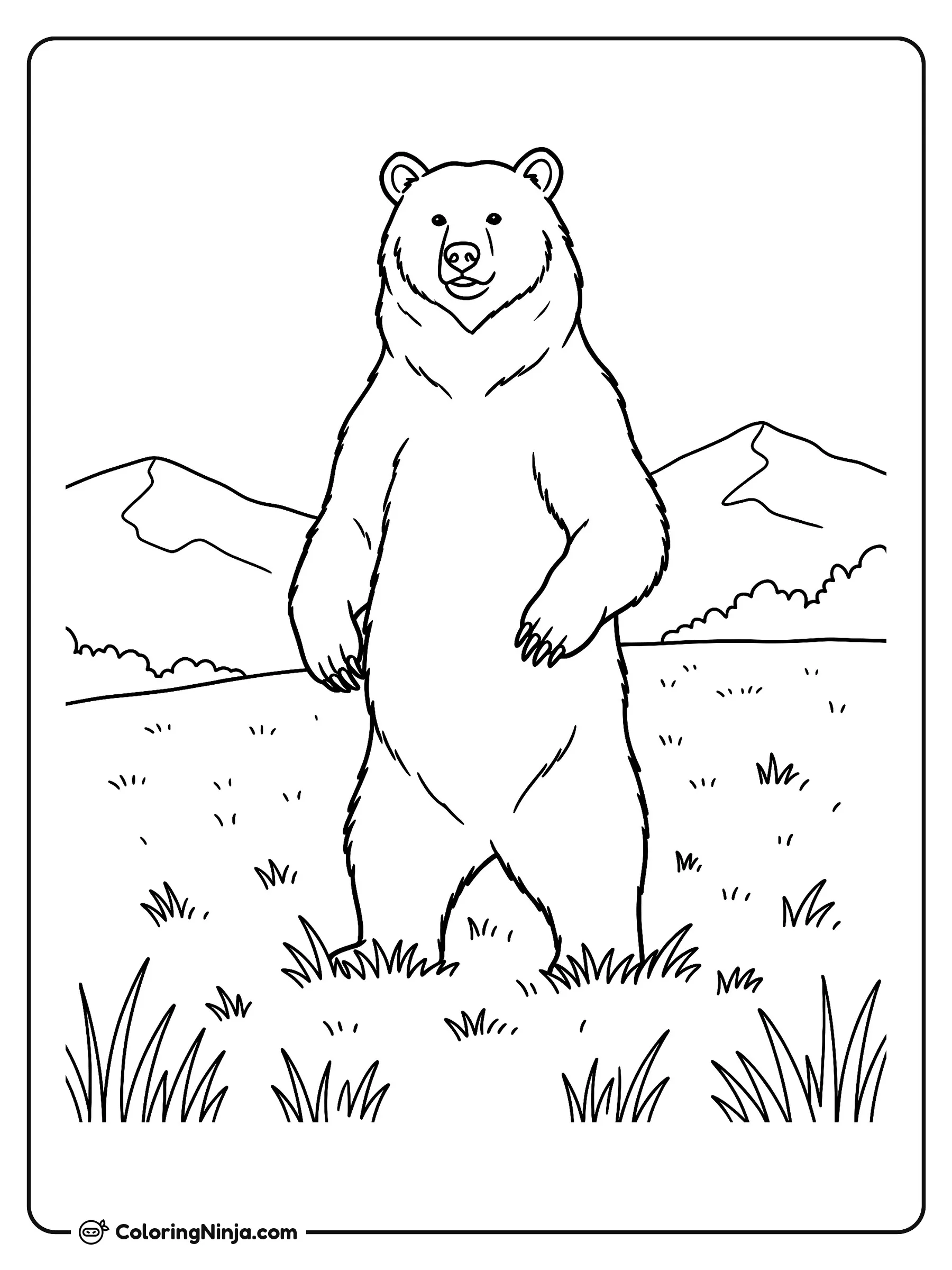 Un oso pardo de pie en el campo, dibujo para colorear: Un gran oso pardo se erige sobre sus patas traseras en medio de un prado salvaje. Al fondo se aprecian arbustos y picos de montañas bajo un cielo despejado.