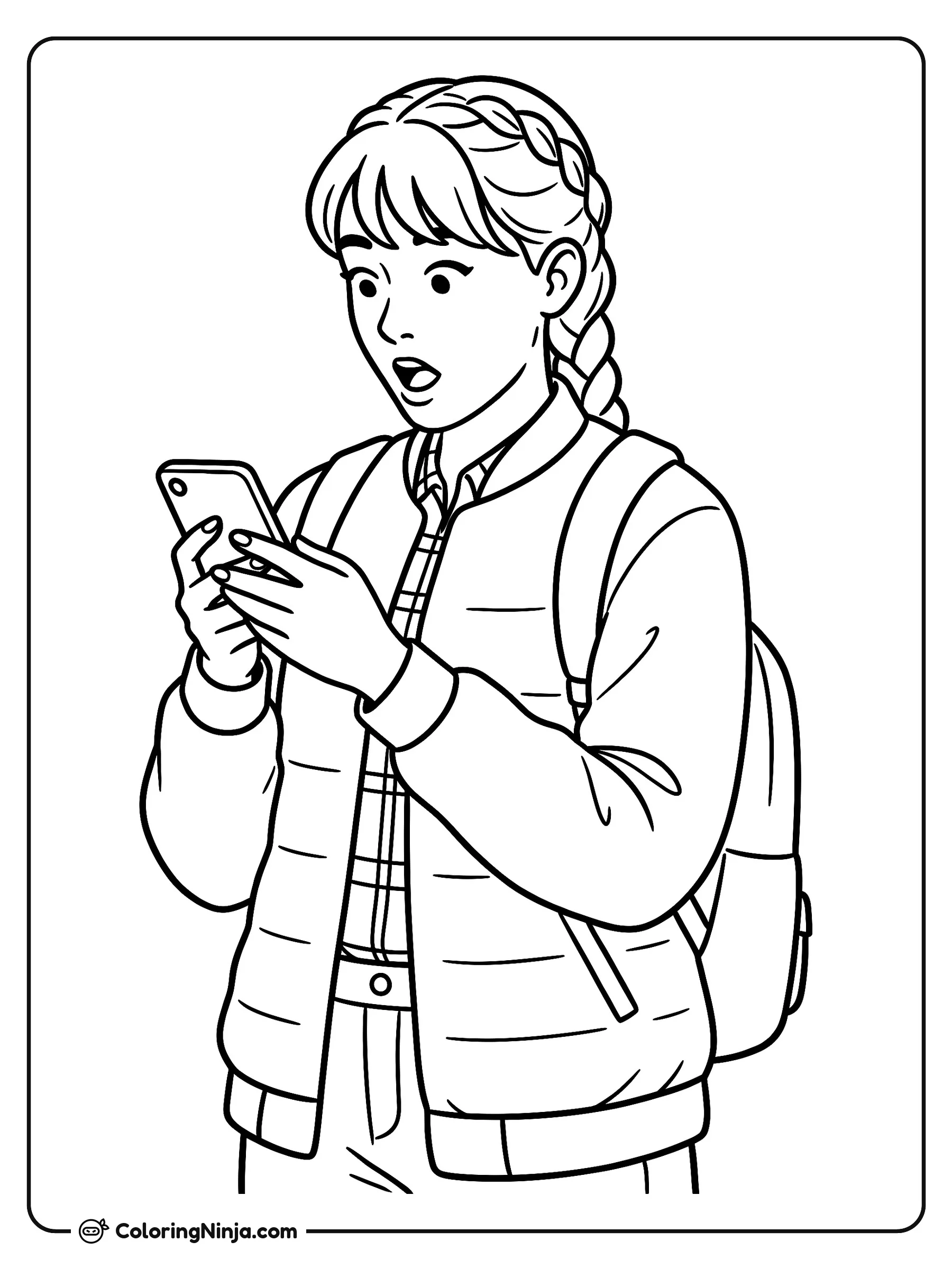 Niña sorprendida mirando su teléfono, dibujo para colorear: Una niña sorprendida sostiene un teléfono con ambas manos mientras mira la pantalla con ojos bien abiertos y la boca abierta.
