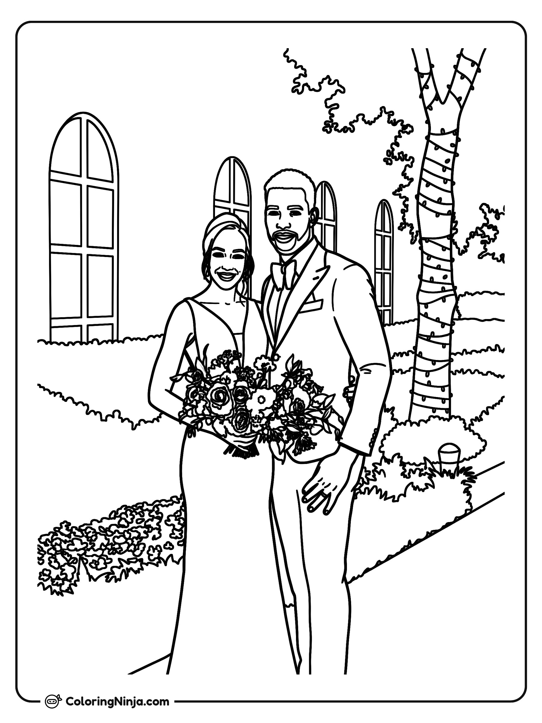Pareja de novios posando ante las flores: dibujo para colorear