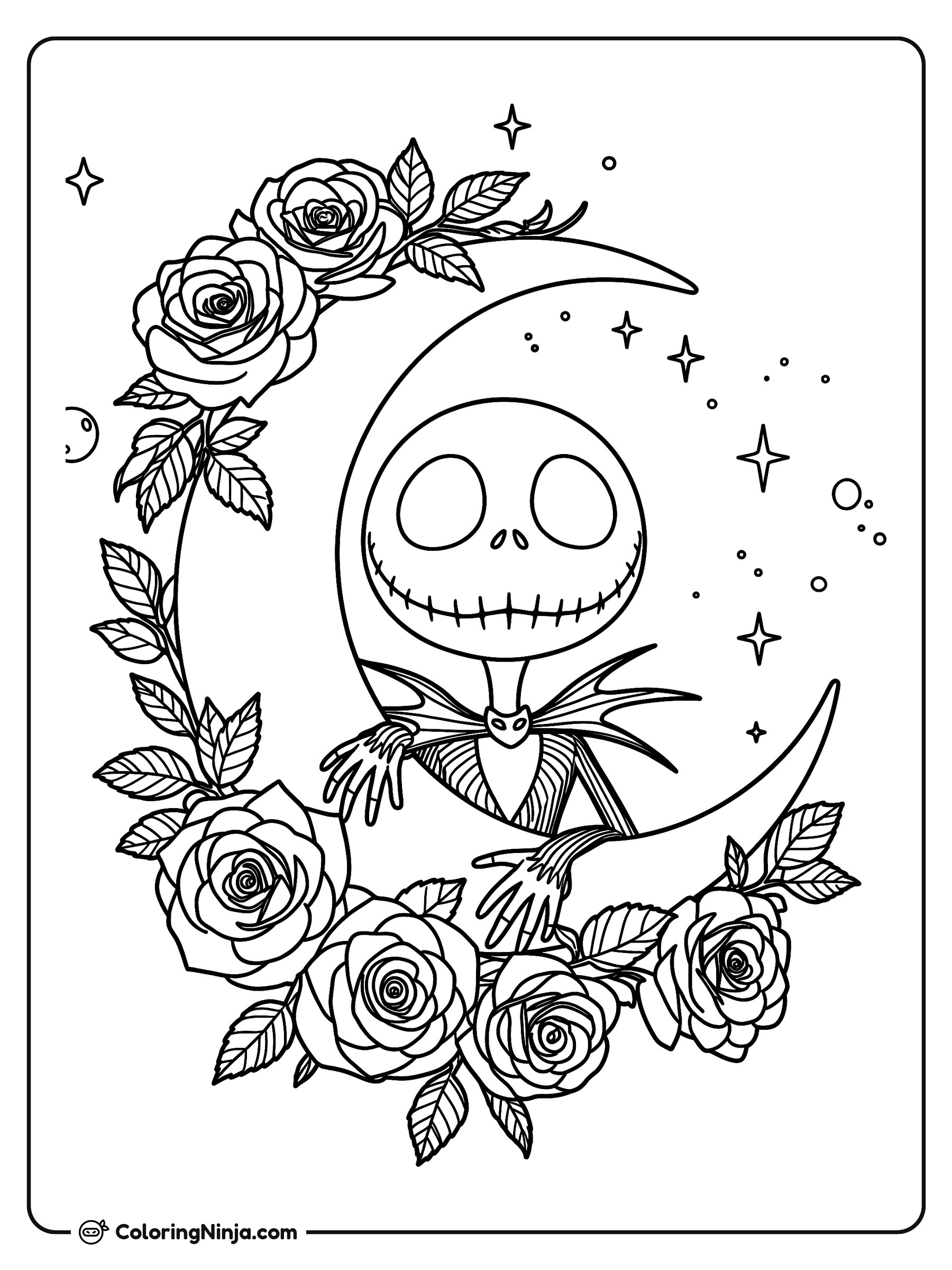 Esqueleto espeluznante y luna creciente: dibujo para colorear