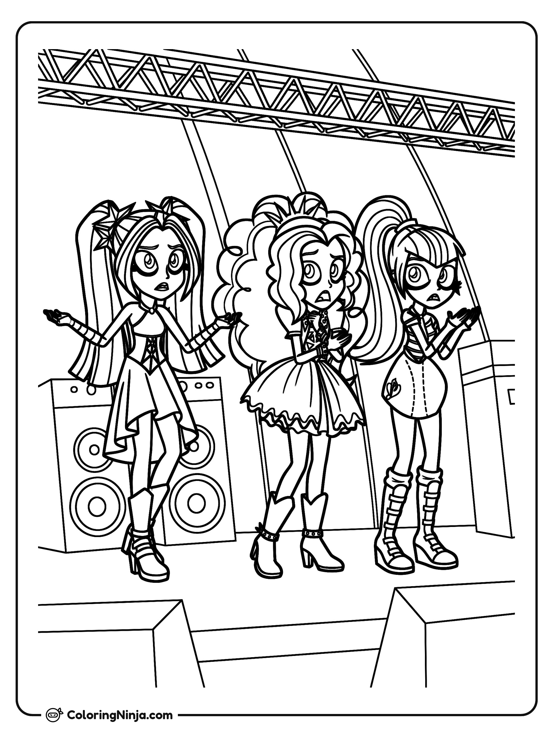 Tres chicas sorprendidas en el escenario: dibujo para colorear