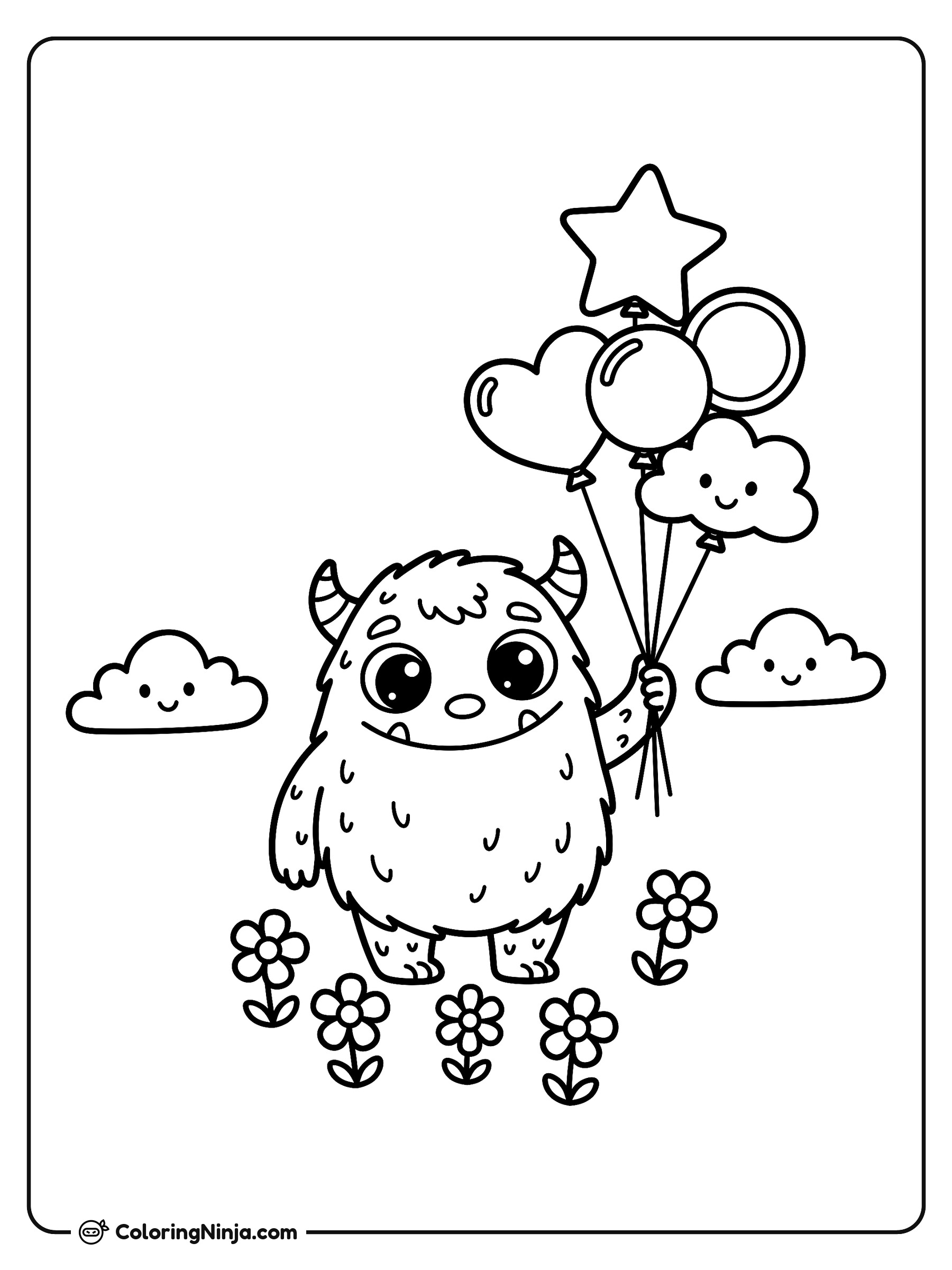 Lindo monstruo con globos: dibujo para colorear