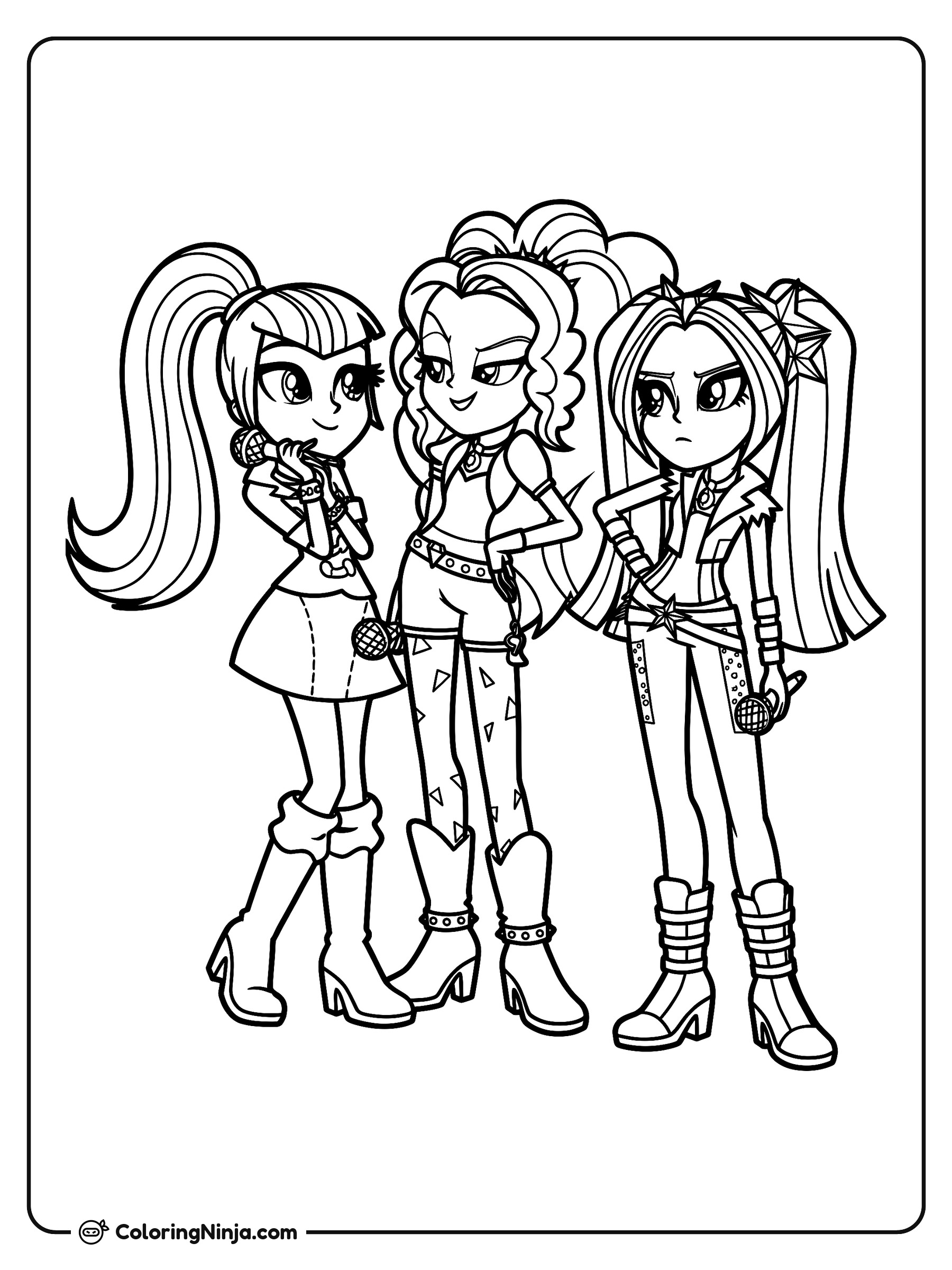 Tres amigas estrellas de pop cantando: dibujo para colorear
